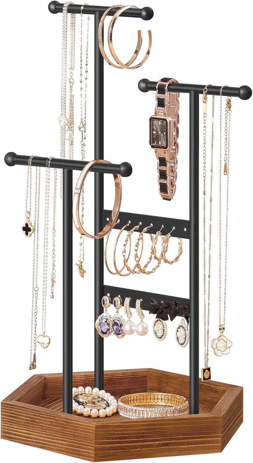 SONGMICS Jewelry Holder, Jewelry Organizer, 4 Independent Zones, Jewelry Display Stand with Metal Frame, Necklace Earring Bracelet Holder, for Rings, Black and Caramel Brown UJJS03CB