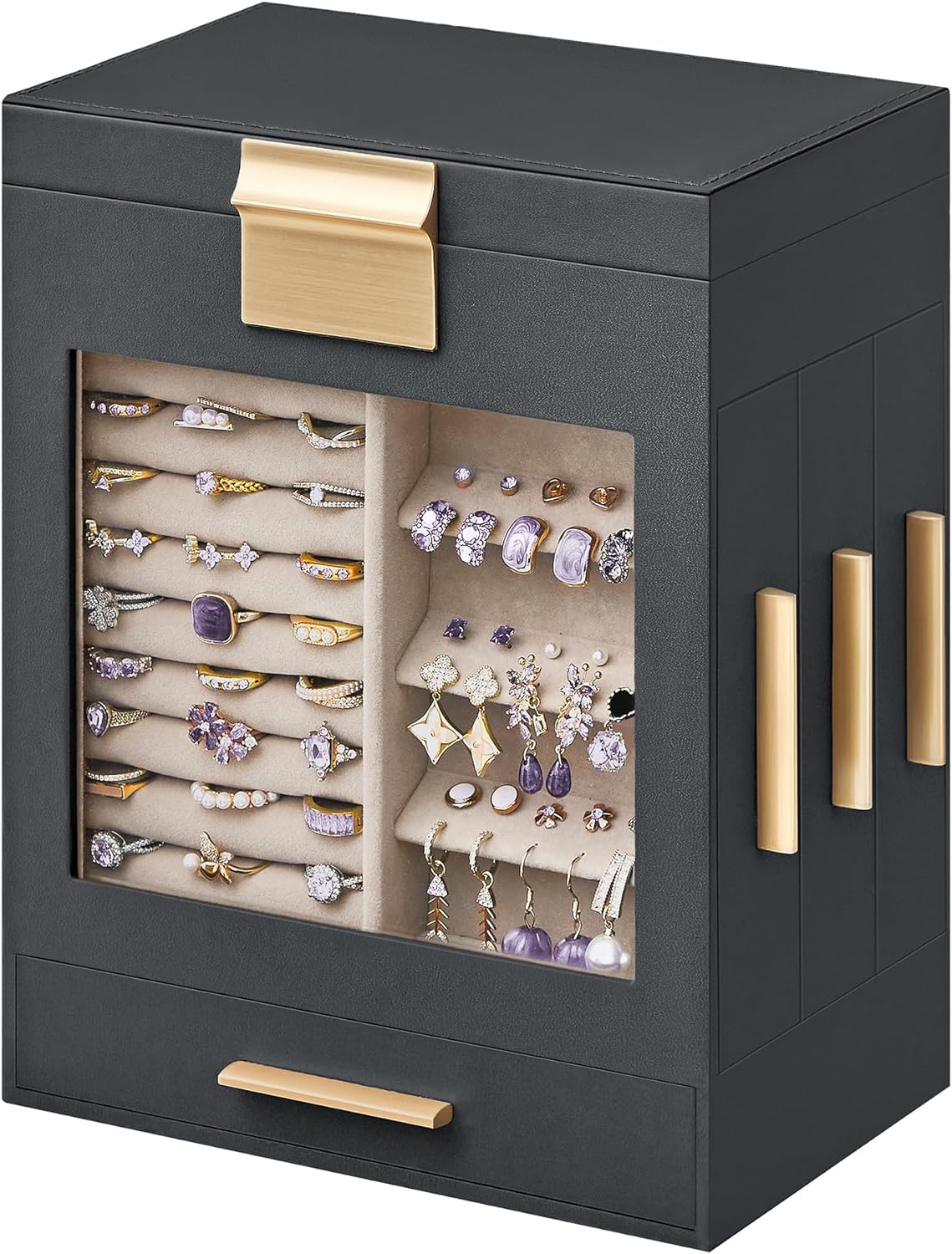 SONGMICS Jewelry Box with Glass Window, 5-Layer Jewelry Organizer with 3 Side Drawers, Jewelry Storage, with Big Mirror, Modern, 5.1 x 7.9 x 9.7 Inches, Slate Gray and Metallic Gold UJBC172G01