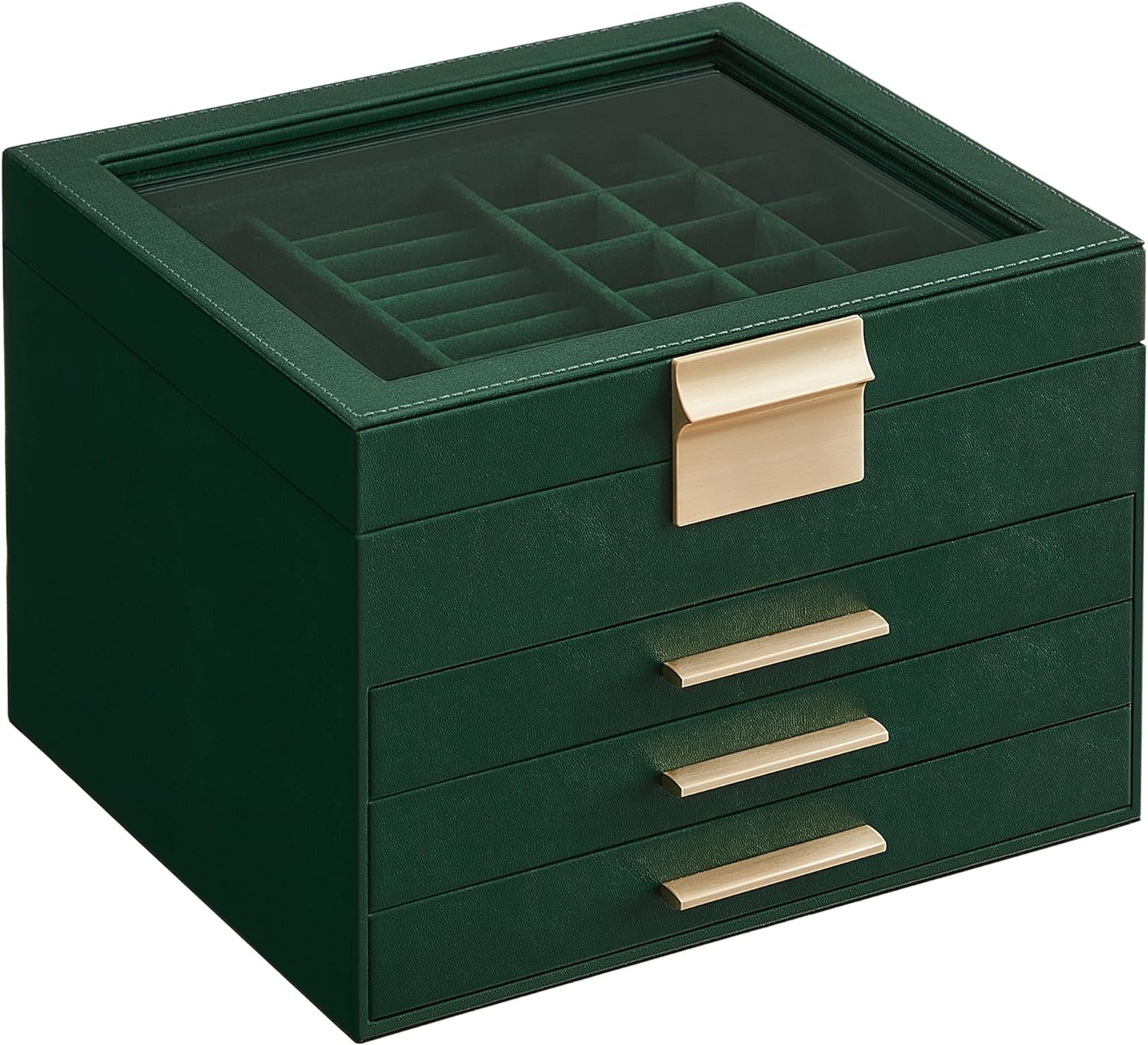 SONGMICS Jewelry Box with Glass Lid, 4-Layer Jewelry Organizer, 3 Drawers, for Big and Small Jewelry, Jewelry Storage, Modern Style, 8 x 9.1 x 6.5 Inches, Forest Green and Gold Color UJBC173C01