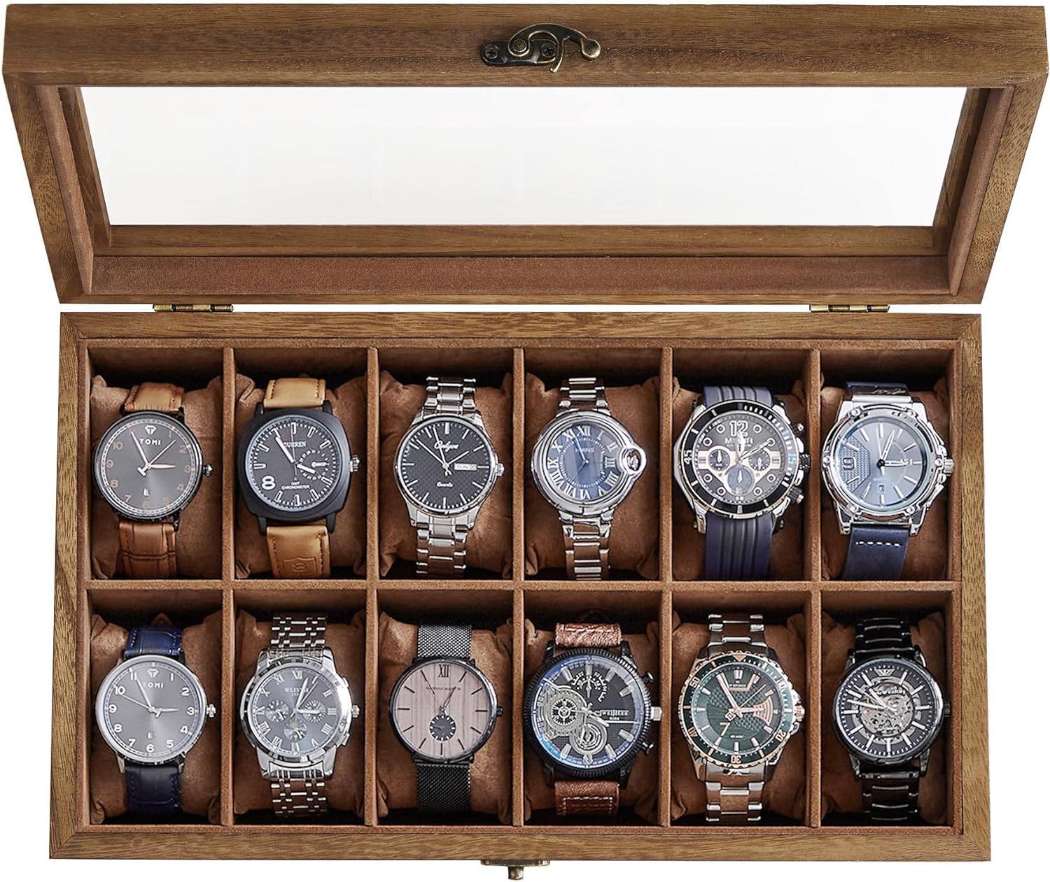 SONGMICS Watch Box, 12-Slot Watch Case, Solid Wood Watch Box Organizer with Glass Lid, Watch Display Case with Removable Pillows, Gift for Loved Ones, Rustic Walnut UJOW120K01