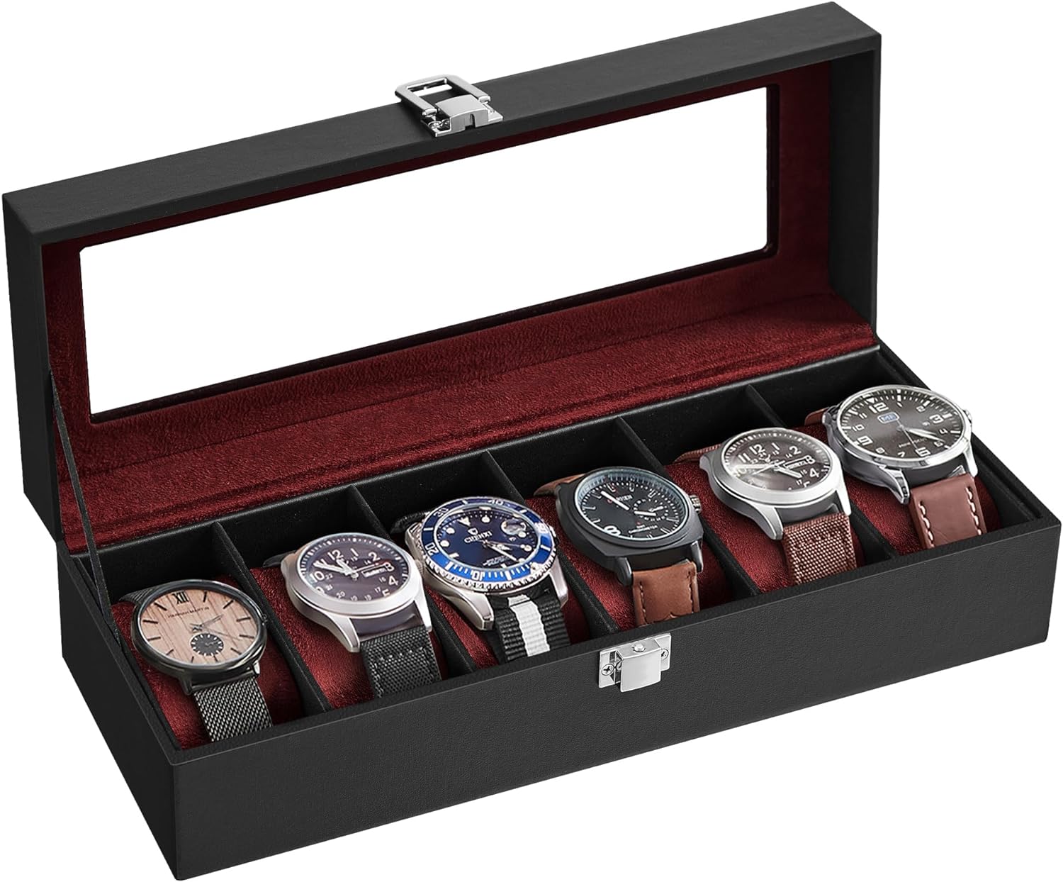 SONGMICS Watch Box, 6-Slot Watch Case with Large Glass Lid, Removable Watch Pillows, Watch Box Organizer, Gift for Loved Ones, Black Synthetic Leather, Wine Red Lining UJWB006R01