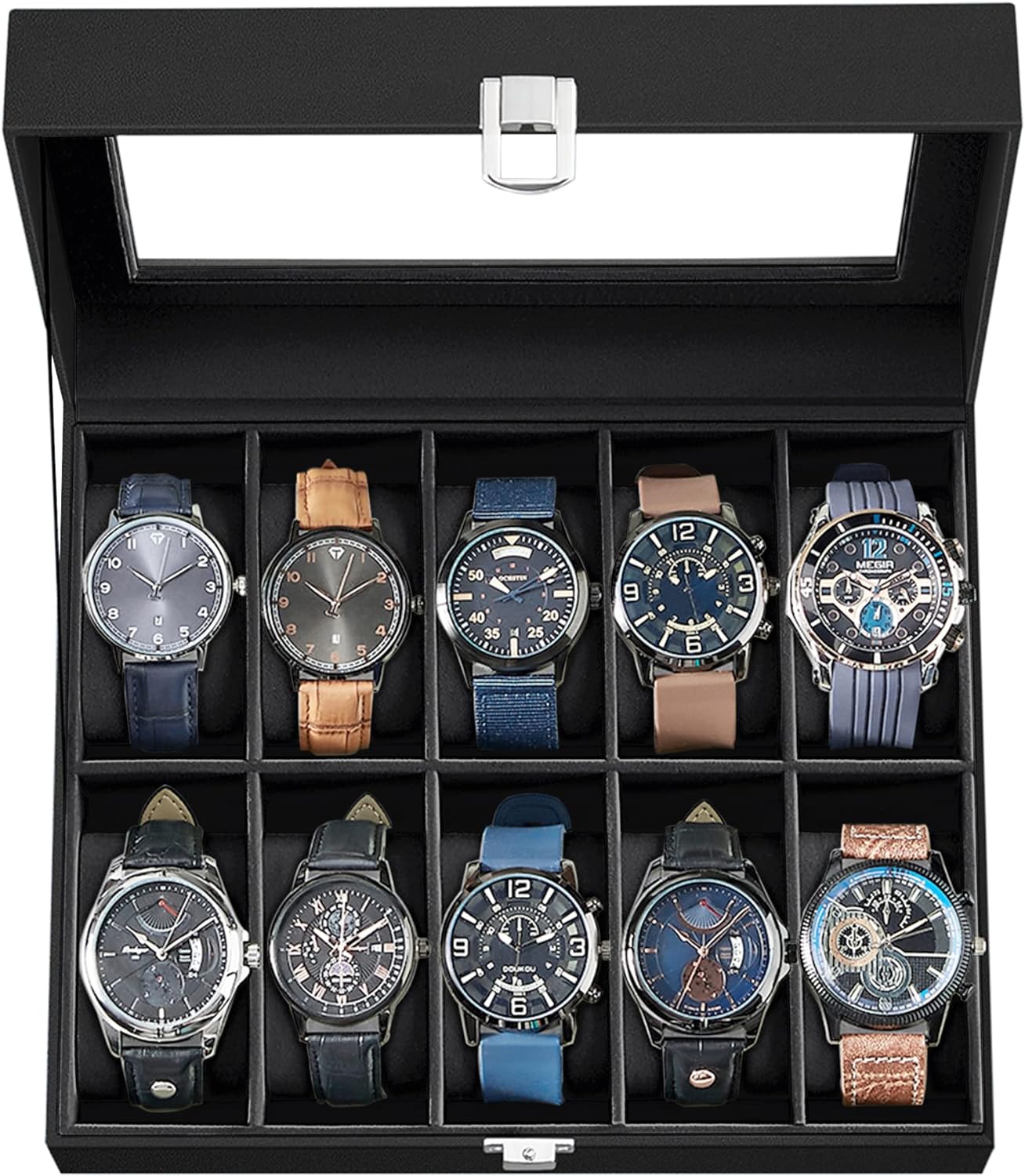 SONGMICS Watch Box, 10-Slot Watch Case with Large Glass Lid, Removable Watch Pillows, Watch Box Organizer, Gift for Loved Ones, Black Synthetic Leather, Black Lining UJWB010B02