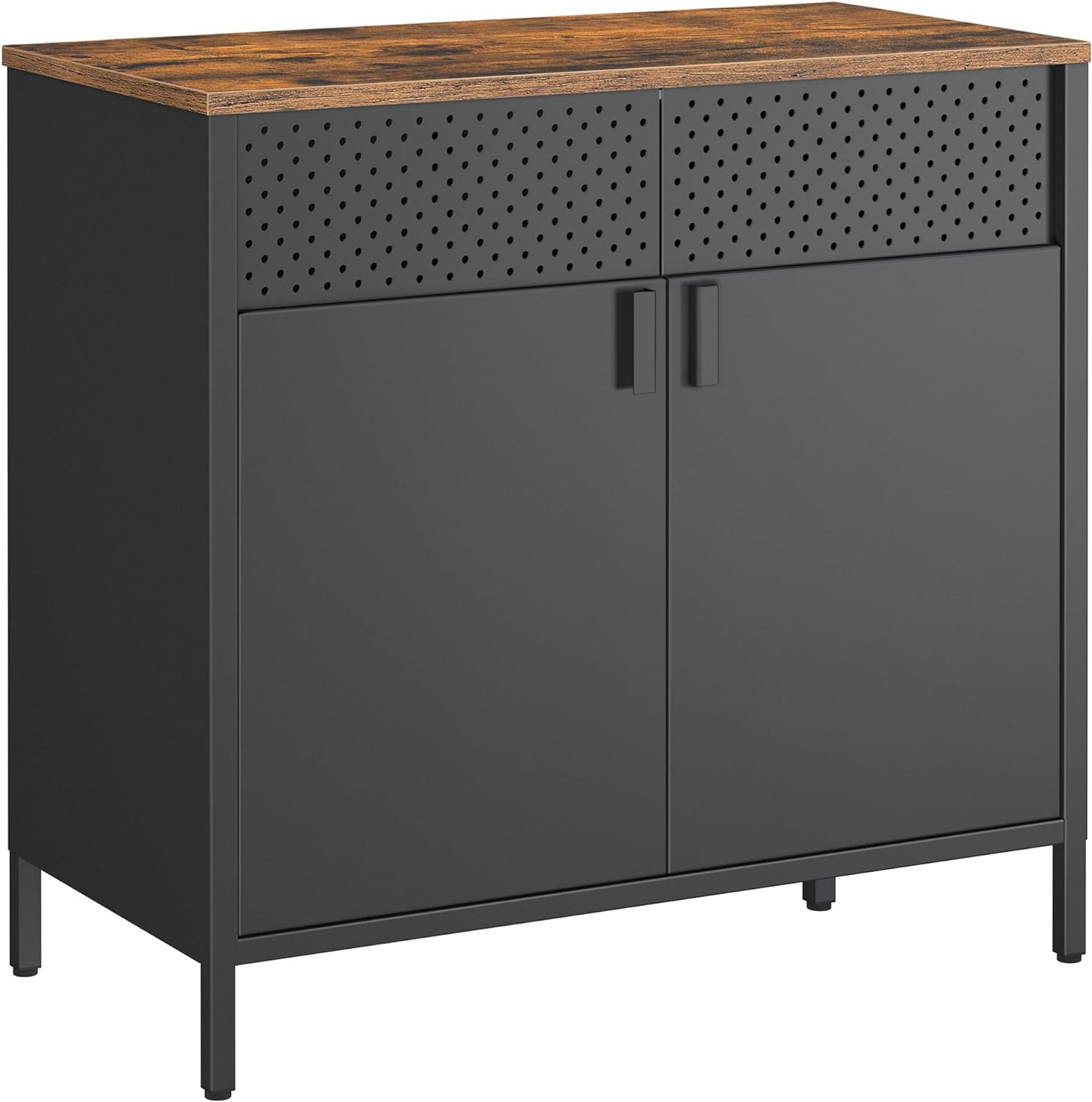 SONGMICS Storage Sideboard, Buffet Table with Adjustable Shelves, Floor Storage Cupboard, Steel Frame, Rustic Brown and Black ULSC102B01