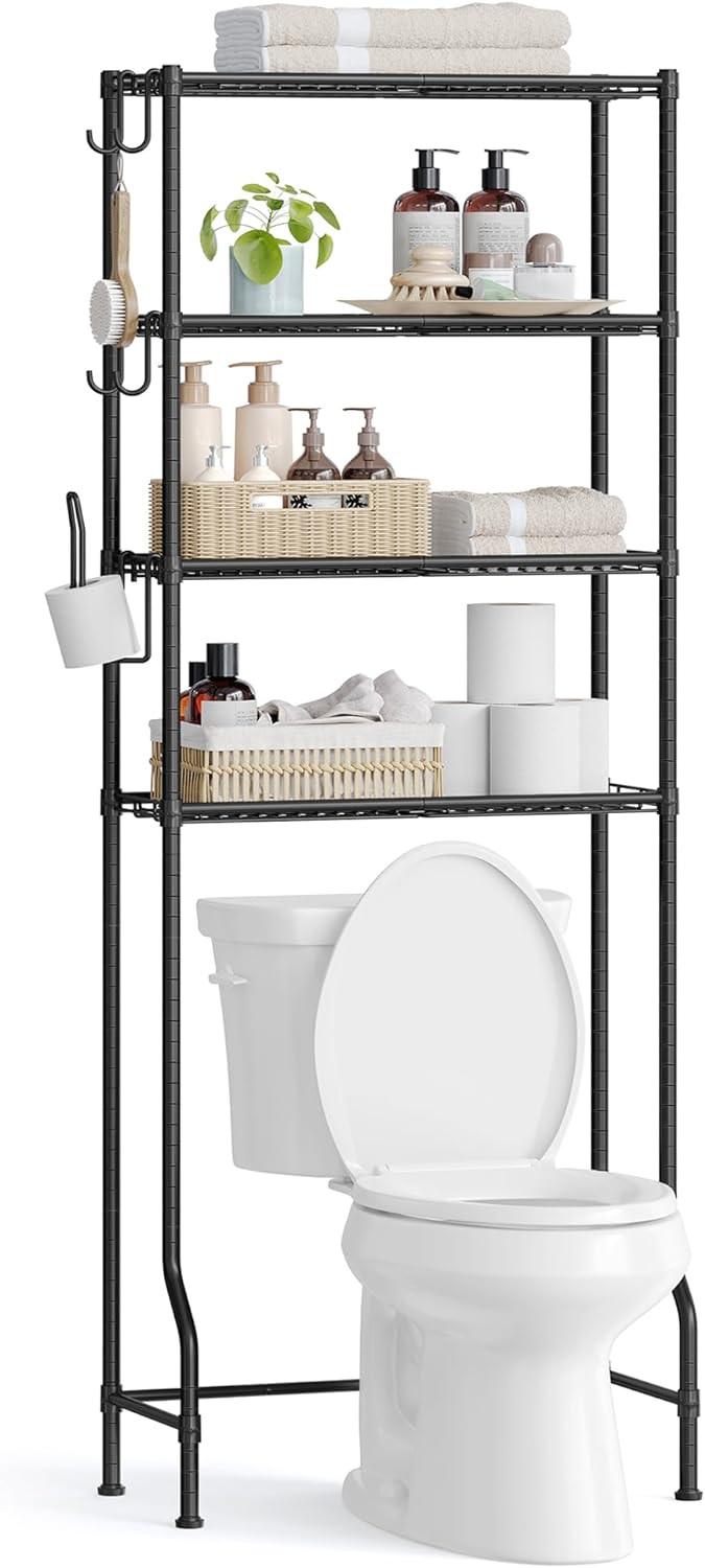 SONGMICS 4 Tier Over The Toilet Storage, Metal Storage Rack, Adjustable Shelves, 4 Hooks, Roll Holder, Space-Saving Bathroom Storage Shelf Organizer, 11.8 x 24.8 x 69.3 Inches, Black UBTS013B01