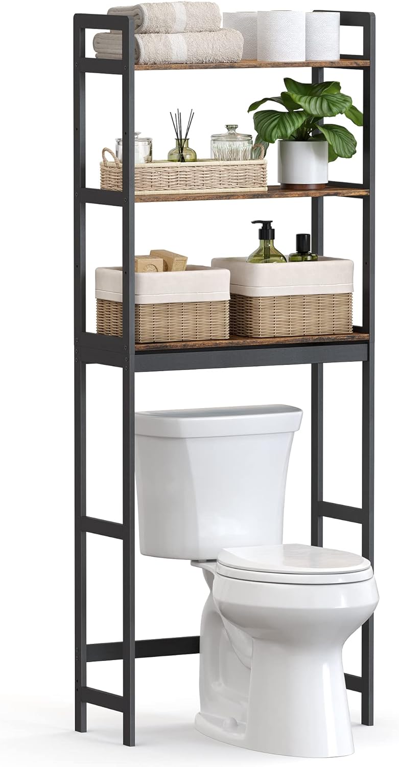 SONGMICS Over The Toilet Storage, 3-Tier Bathroom Organizer Over Toilet with Adjustable Shelves, Multifunctional Bathroom Shelf, Rustic Brown and Black UBTS012B01