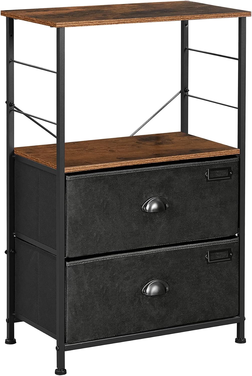 SONGMICS Nightstand, Industrial Bedside Table with 2 Fabric Drawers, Storage Shelves, Vertical Dresser Storage Tower with Wooden Top, Metal Frame, Labels, Rustic Brown and Black ULVT03H