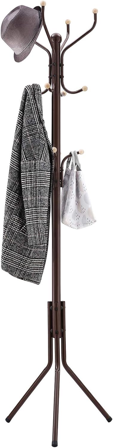 SONGMICS Coat Rack Freestanding, Metal Coat Rack Stand with 12 Hooks and 3 Legs, Coat Tree, Holds Clothes, Hats, and Bags, for Entryway, Living Room, Bedroom, Coffee Brown URCR18Z