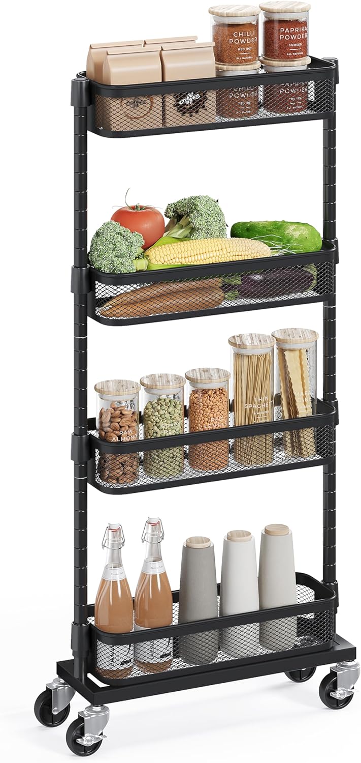 SONGMICS Slim Storage Cart, 4-Tier Metal Rolling Cart with Wheels, Flexible Baskets, Narrow Cart for Kitchen, Bathroom, Laundry Room, Easy Assembly, Black UBSC065B01