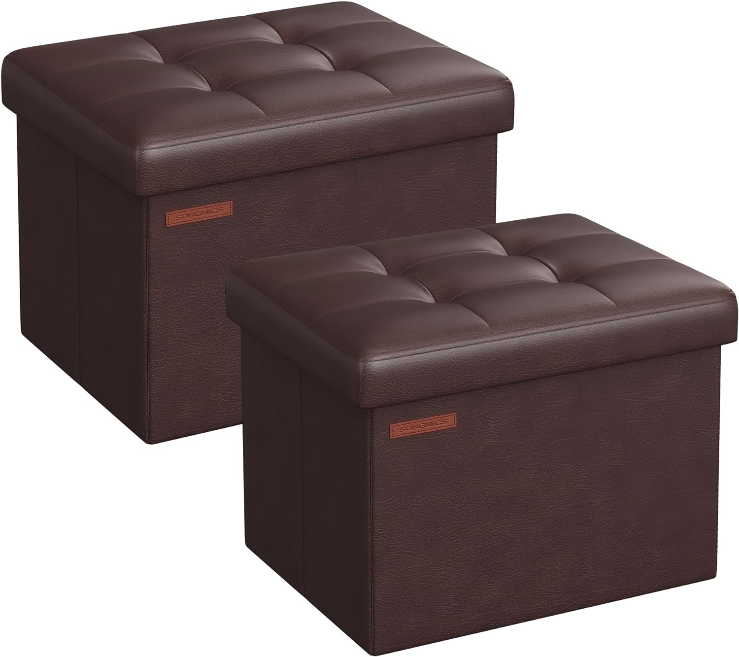 SONGMICS Small Folding Storage Ottoman, Set of 2, Foot Rest Stool, Cube Footrest, Synthetic Leather, 12.2 x 16.1 x 12.2 Inches, 286 lb Capacity, Living Room, Bedroom, Dorm, Chestnut Brown ULSF100K22