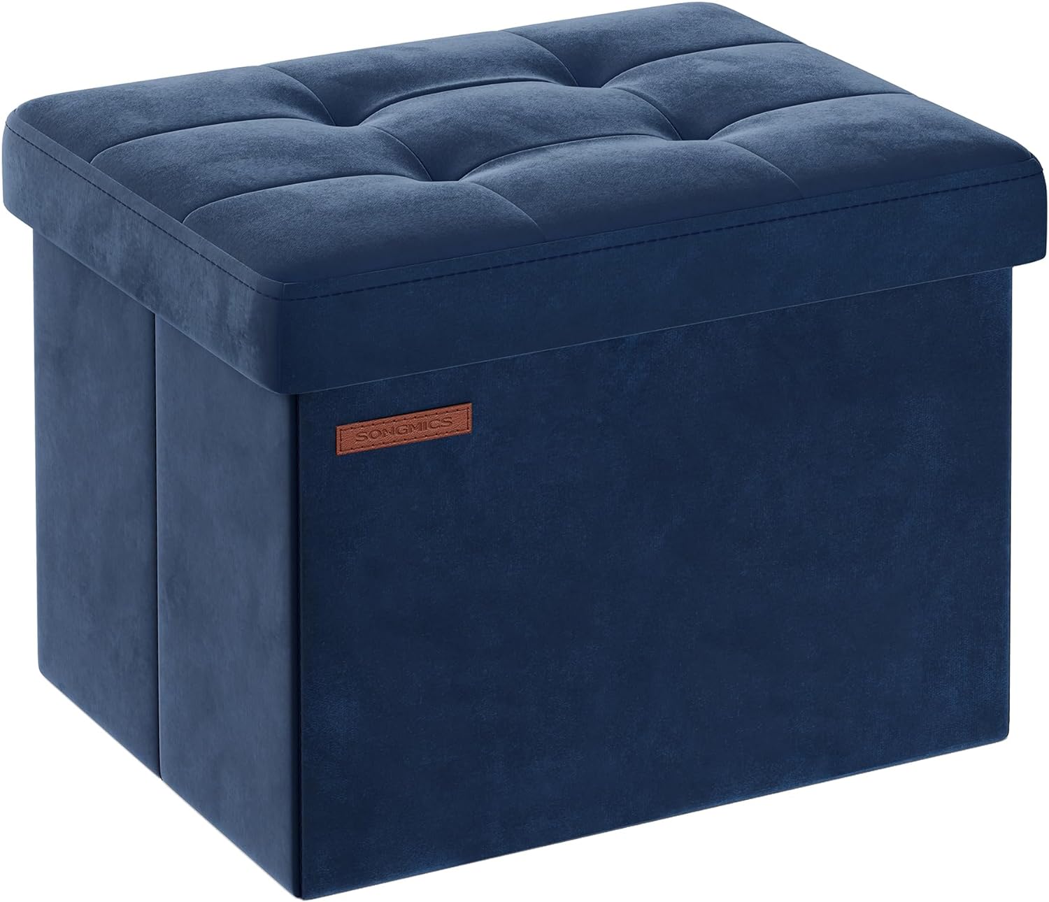 SONGMICS Small Storage Ottoman, Foldable Velvet Storage Box, Storage Chest, Foot Rest, 12.2 x 16.1 x 12.2 Inches, 286 lb Load Capacity, for Living Room, Bedroom, Dorm, Midnight Blue ULSF200Q01