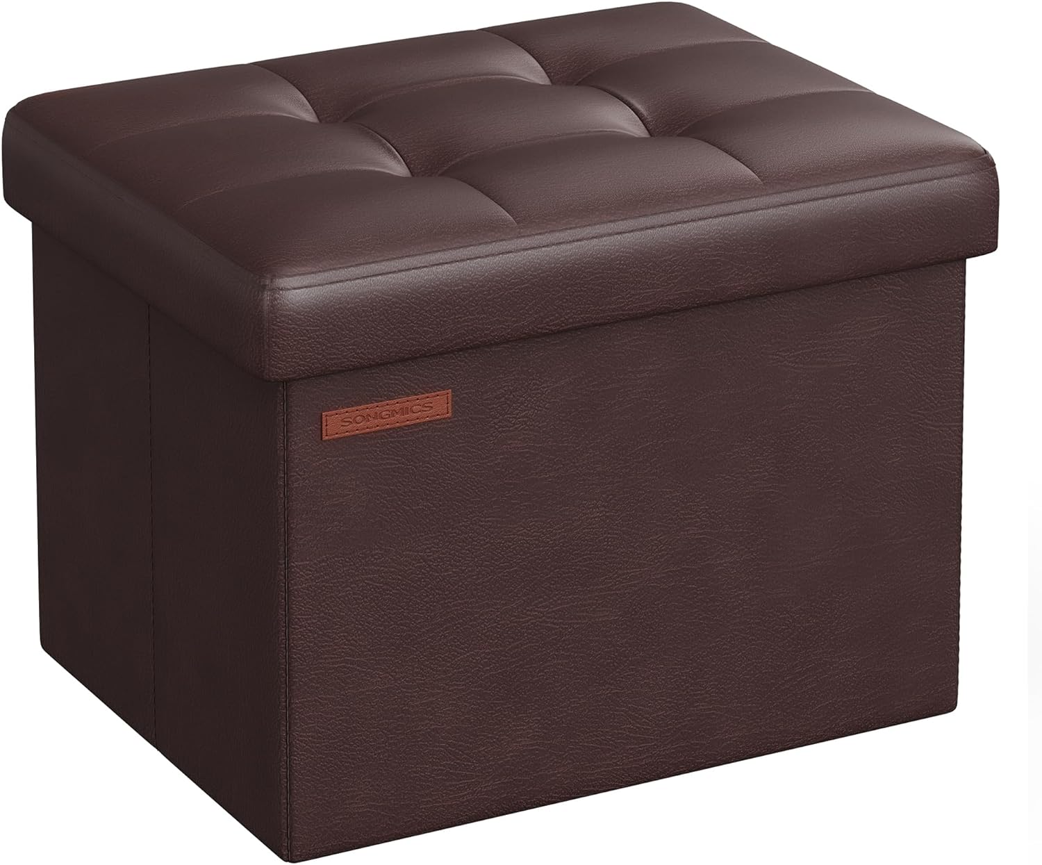 SONGMICS Small Folding Storage Ottoman, Foot Rest Stool, Cube Footrest, Synthetic Leather, 12.2 x 16.1 x 12.2 Inches, 286 lb Capacity, for Living Room, Bedroom, Dorm, Chestnut Brown ULSF100K02