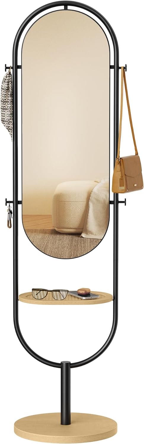 SONGMICS Full-Length Floor Mirror, 3-in-1, Modern Standing Full Body Mirror, Inspired by Original Award-Winning Design, 16.5 x 18.9 x 68.9 Inches, Living Room, Bedroom, Oak Beige and Ink Black