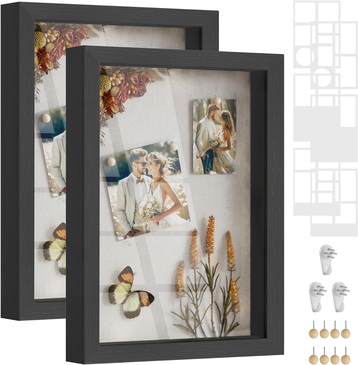 SONGMICS A4 Shadow Box Frame, Set of 2, 1.3-Inch Deep Memory Display Case for Desk Wall Decor, Box Picture Photo Frame with 8 Wood Push Pins, 6 Mats, 3 Non-Trace Nails, Gift, Ash Black