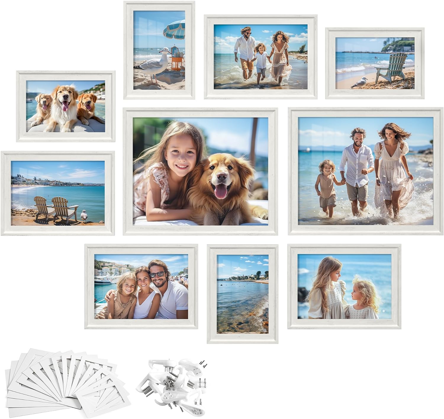 SONGMICS Picture Frames with 16 Mats, Set of 10, Collage Photo Frames with Two 8x10, Four 5x7, Four 4x6 Frames, Hanging or Tabletop Display, MDF and Glass, 12 Non-Trace Nails, Rustic White URPF049W01