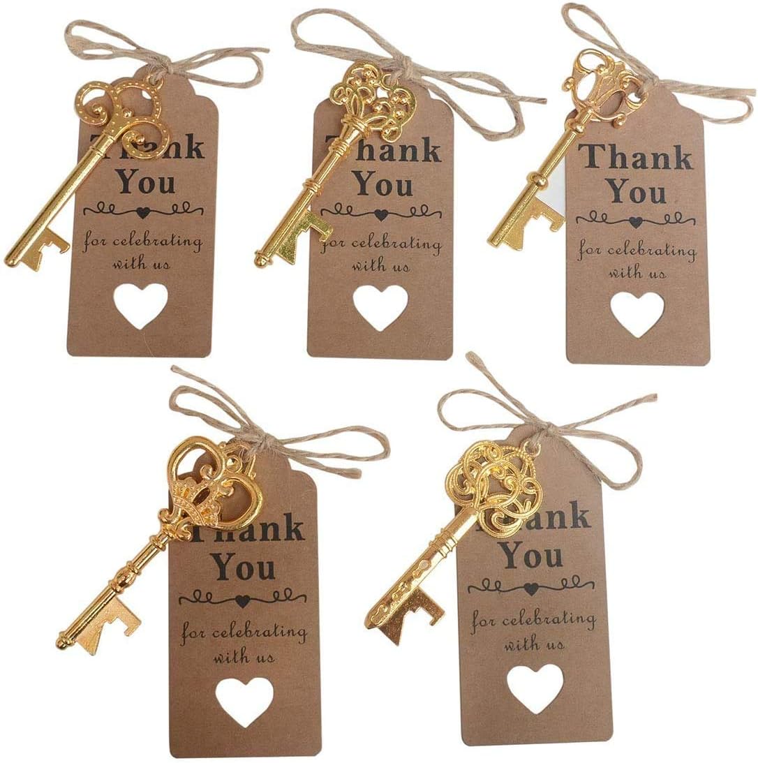 50 Pcs Gold Skeleton Key Beer Bottle Opener With 100 Pcs Thank You Card and 98 Feet Hemp Rope for Wedding Party Favors (50pcs Gold)