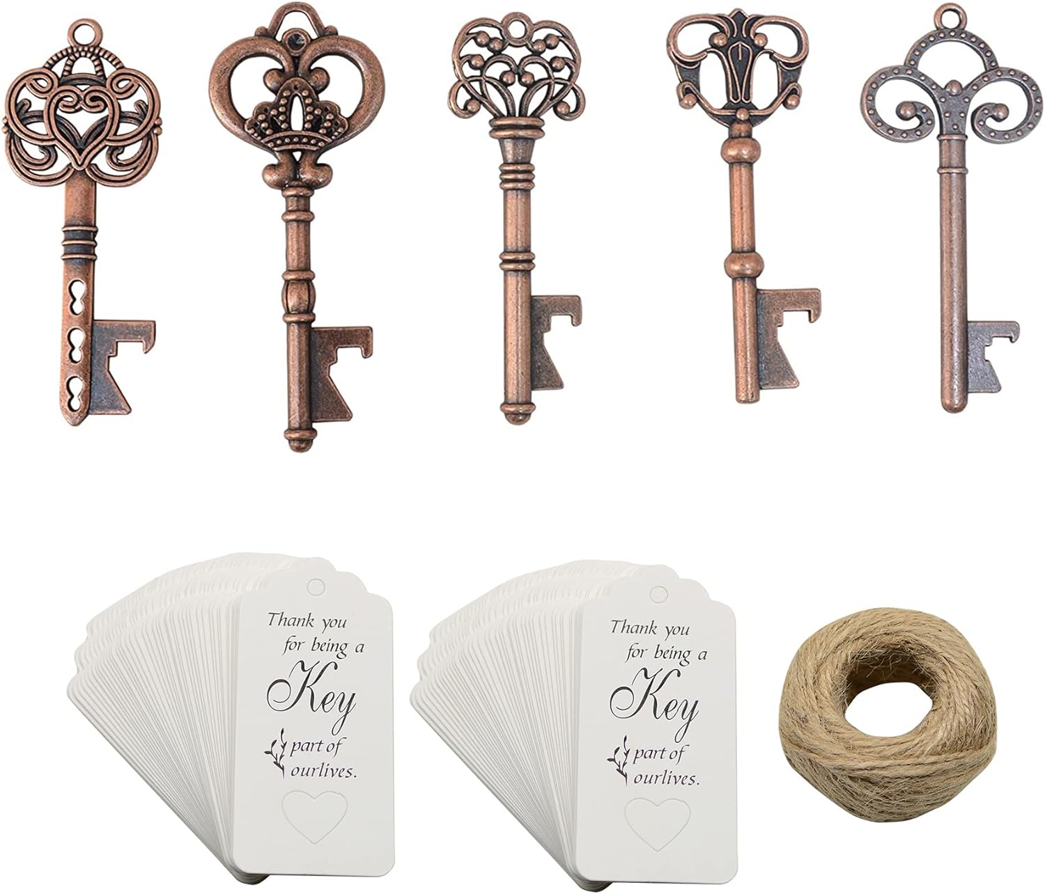 50pcs Copper Skeleton Key Beer Bottle Opener With 100 Pcs Thank You Card and 98 Feet Hemp Rope for Wedding Party Favors (Copper-White Cards)