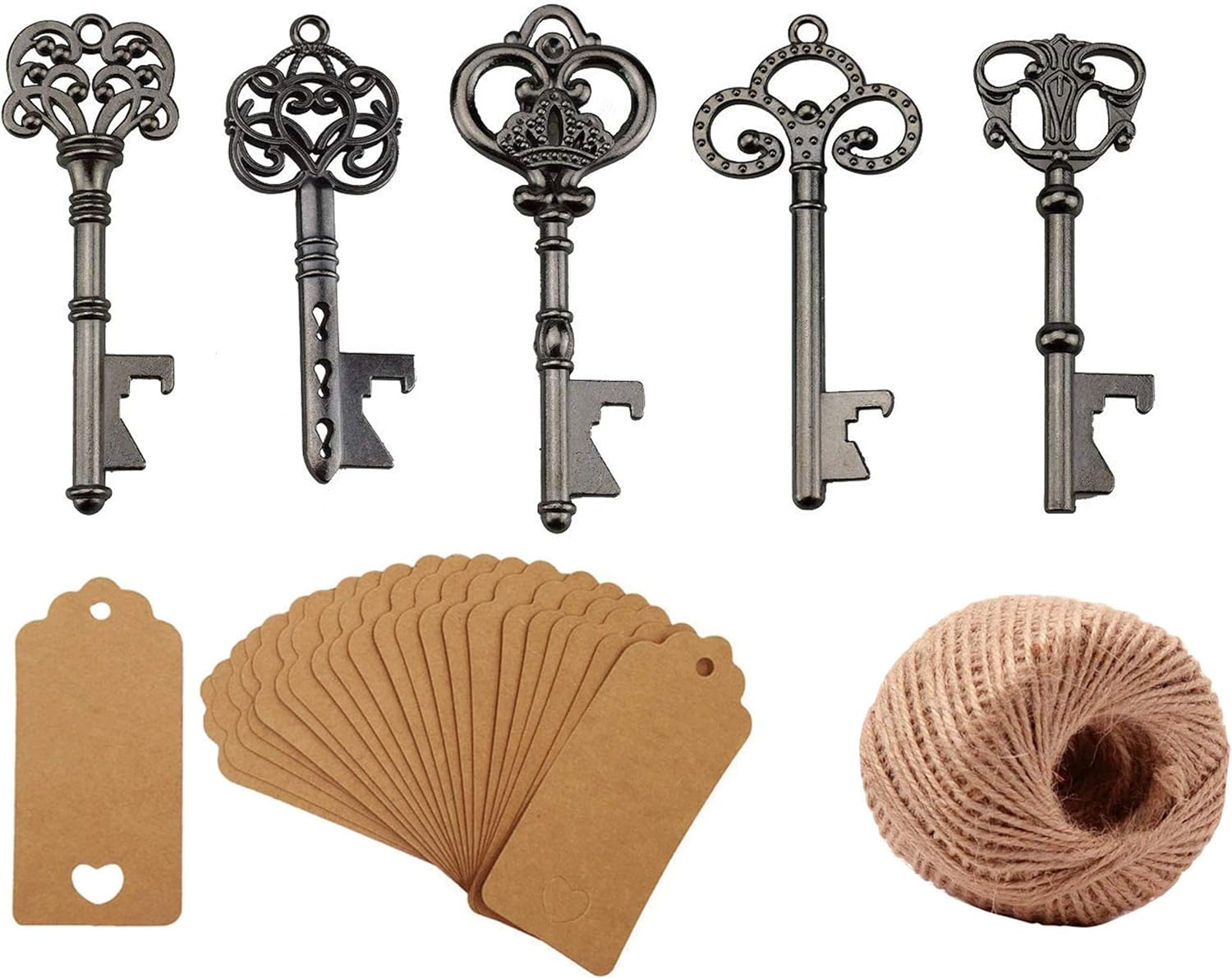 Yansanido Pack of 50 Skeleton Key Bottle Openers with Escort Tag Card and Twine for Wedding Favors Baby Shower Return Gifts for Guests Party Favors (mixed 5 styles Black)