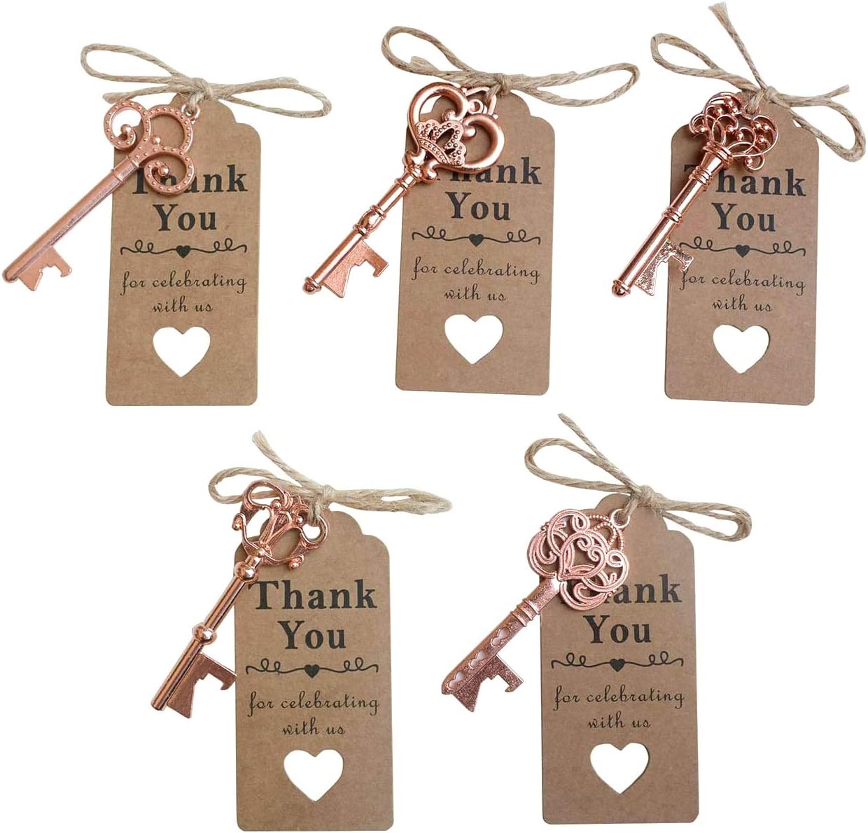 50pcs Rose Gold Skeleton Key Beer Bottle Opener With 100 Pcs Thank You Card and 98 Feet Hemp Rope for Wedding Party Favors