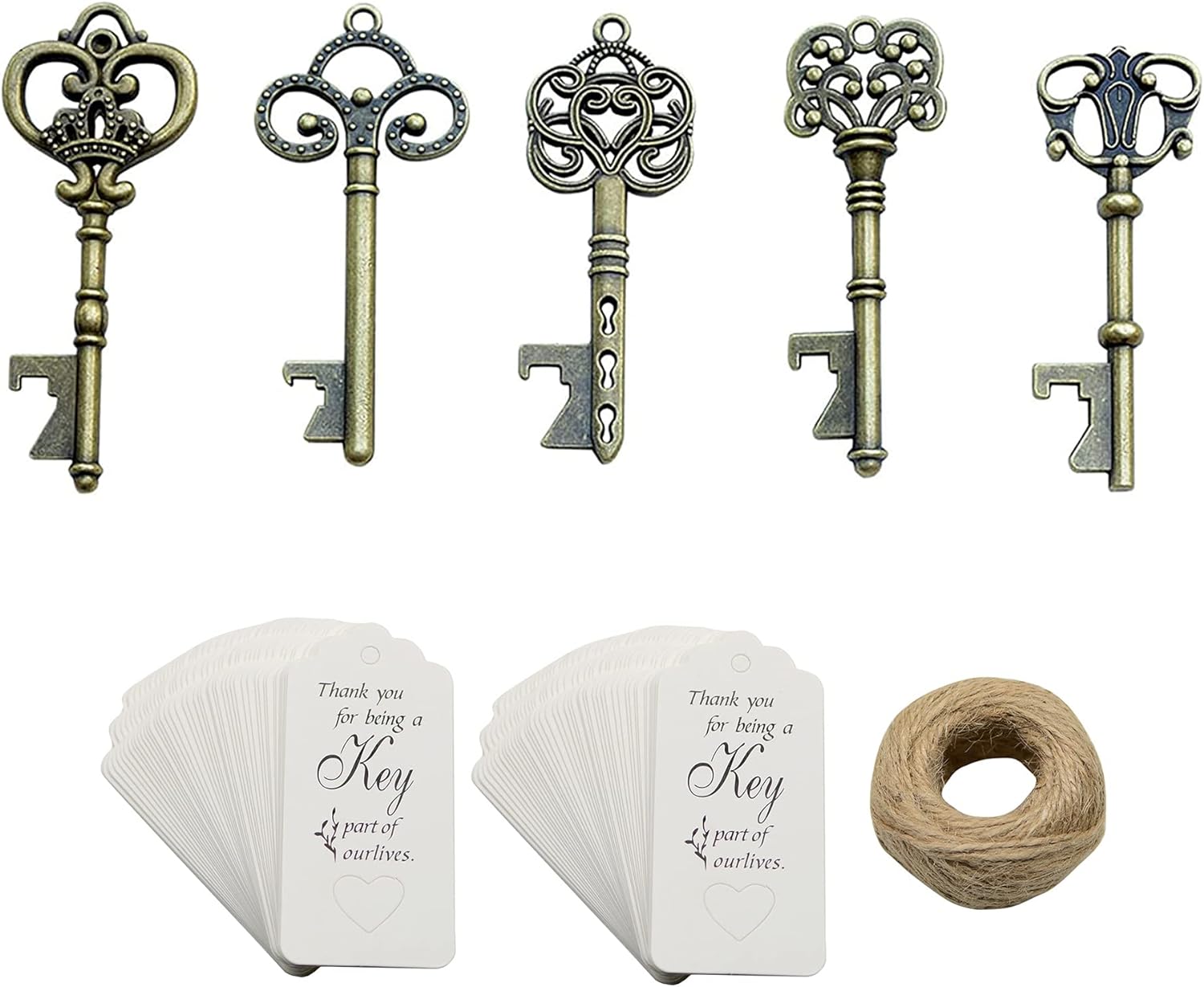 50pcs Bronze Skeleton Key Beer Bottle Opener With 100 Pcs Thank You Card and 98 Feet Hemp Rope for Wedding Party Favors (Bronze-White Cards)