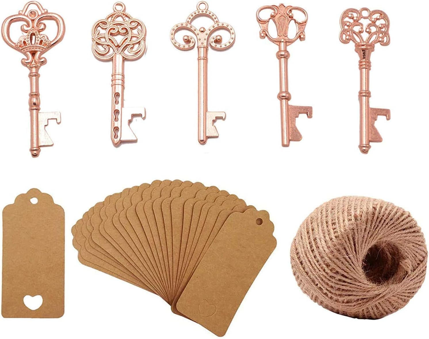 50pcs Rose Gold Skeleton Key Beer Bottle Opener With 100 Pcs Blank Card and 98 Feet Hemp Rope for Wedding Party Favors (mixed 5 styles Rose Gold)