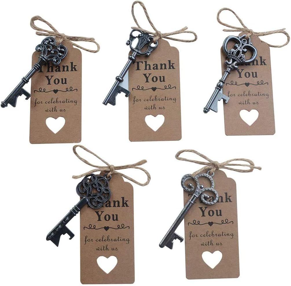 50pcs Black Skeleton Key Beer Bottle Opener With 100 Pcs Thank You Card and 98 Feet Hemp Rope for Wedding Party Favors (50pcs Black)