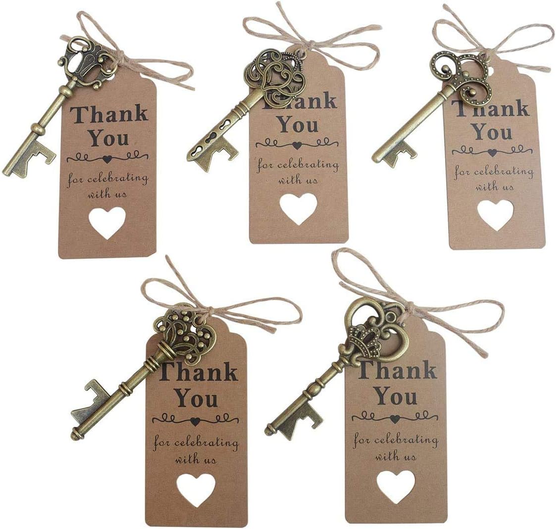 50 Pcs Bronze Skeleton Key Beer Bottle Opener With 100 Pcs Thank You Card and 98 Feet Hemp Rope for Wedding Party Favors (50pcs Bronze)