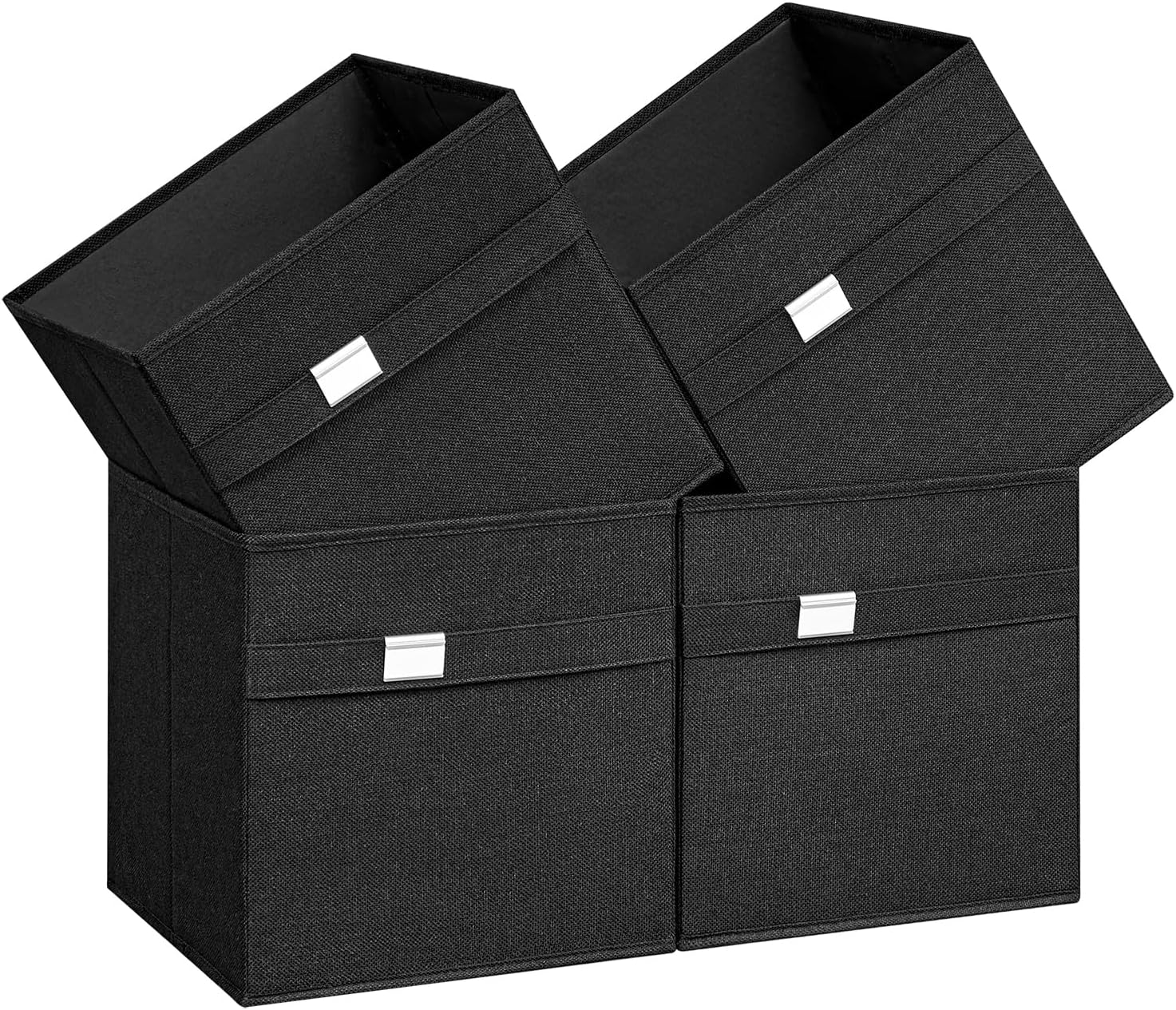 SONGMICS Storage Cubes, Set of 4 Cube Storage Bins, 2 Handles, 11.8 x 11.8 x 11.8 Inches, Oxford Fabric and Linen-Look Fabric, Washable, Foldable, Metal Label Holders, Ink Black UROB230B04