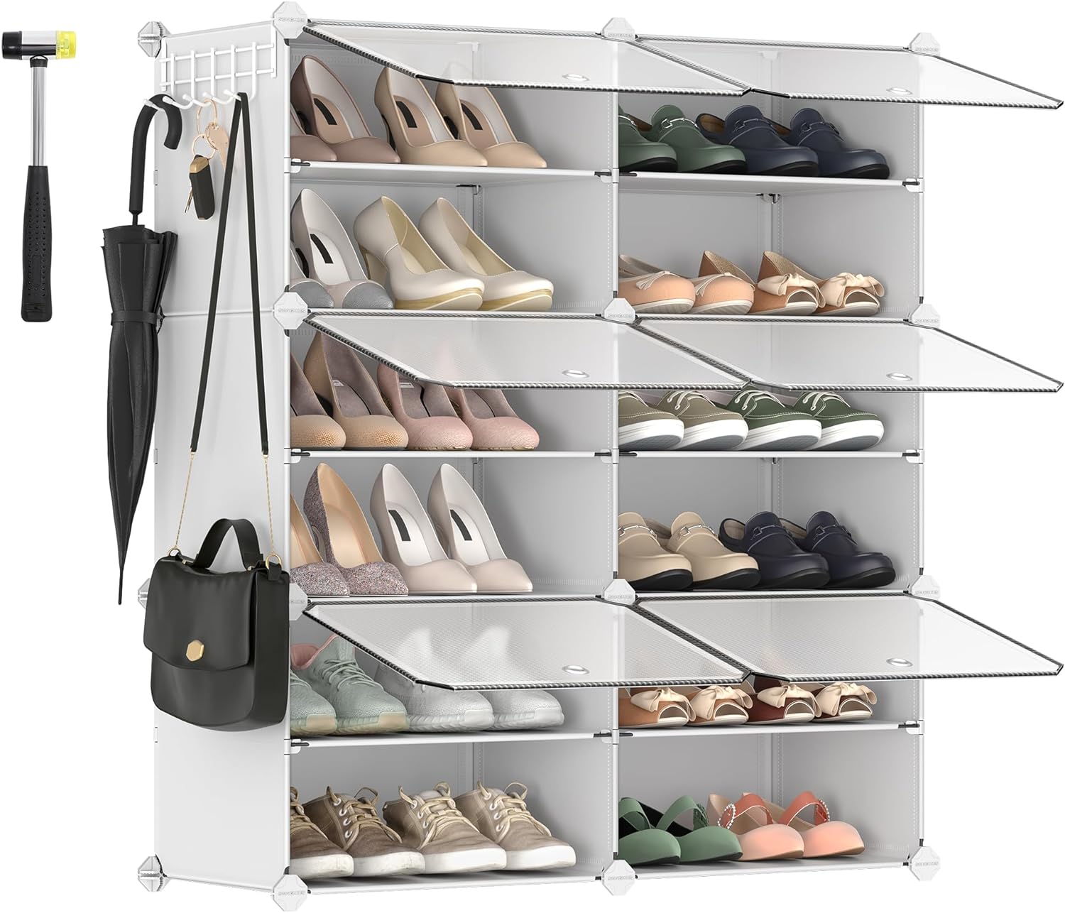 SONGMICS Shoe Rack, 6 Cubes Shoe Organizer with Doors, 24 Pair Plastic Shoe Storage Cabinet, for Bedroom, Entryway, Steel Frame, Plastic Panel, White ULPC033W01