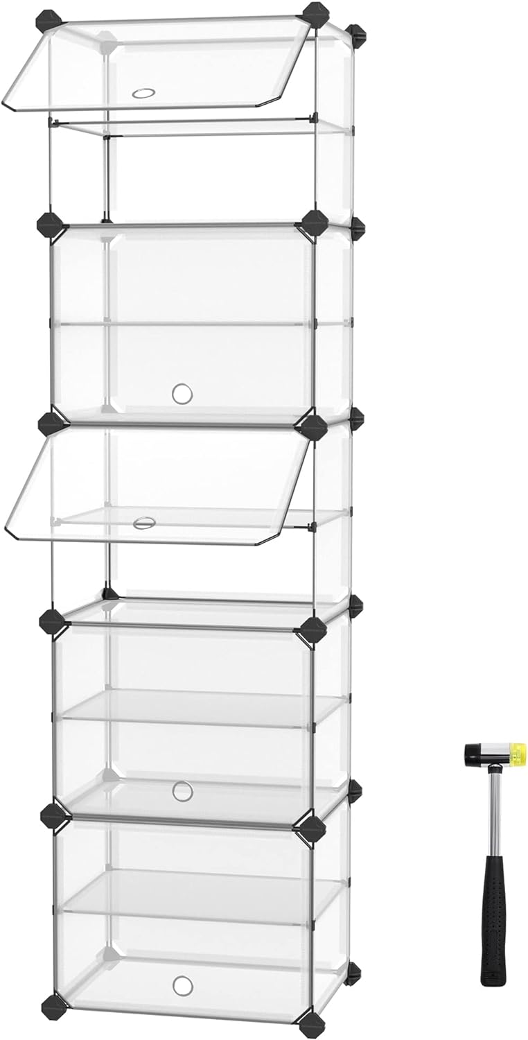 SONGMICS Shoe Rack, 10-Slot Storage Organizer Unit with Doors, Portable Cube Shoe Storage Organizer, Plastic Modular DIY Storage Shelf, Closet Divider for Clothes Bags Toys, Transparent ULPC506T01