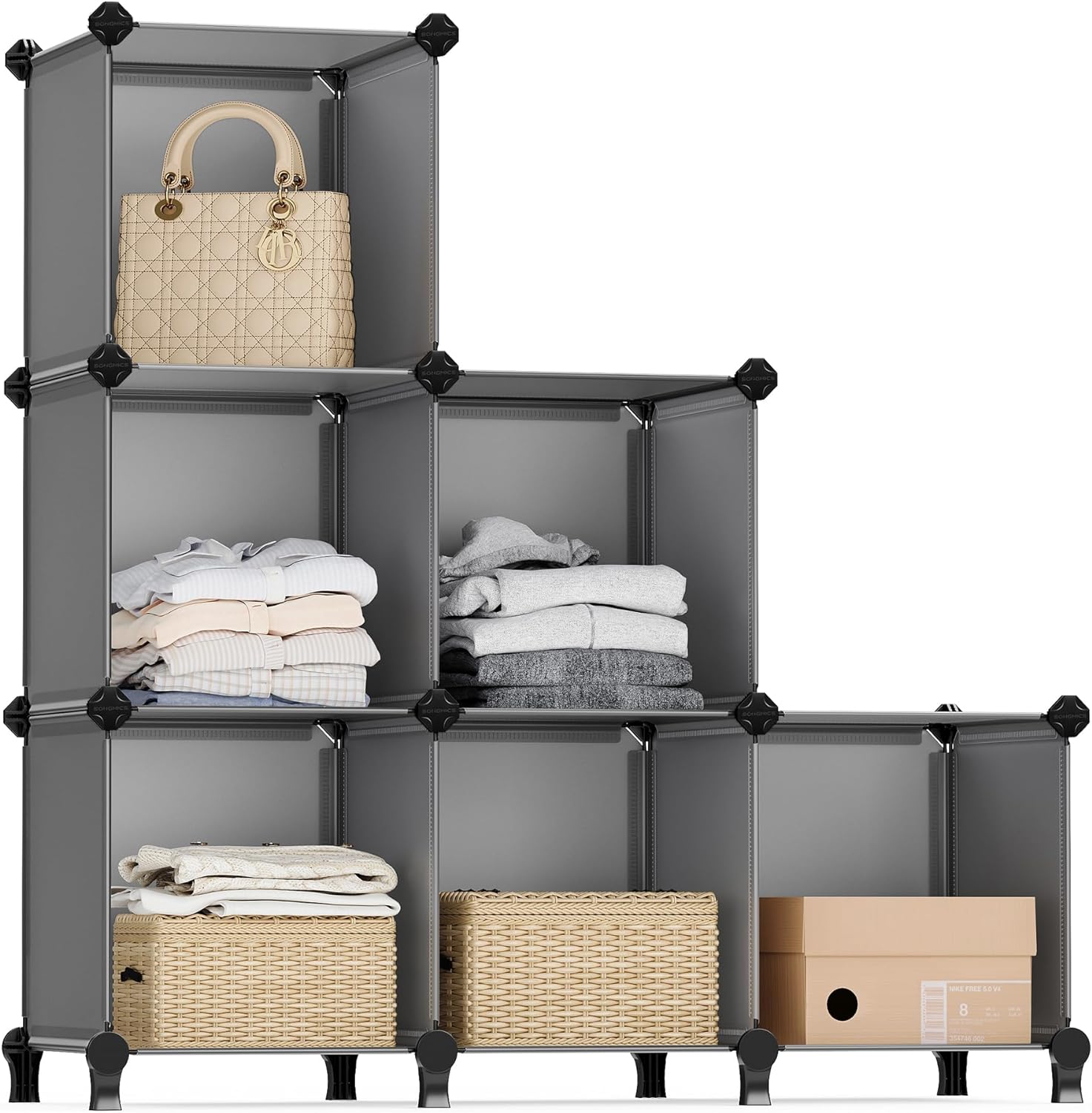 SONGMICS 6 Cube Storage Organizer, DIY Closet Shelf, Plastic Clothes Organizer, Modular Bookcase, 11.8 x 11.8 x 11.8 Inch Cubes, with Feet and Rubber Mallet, Gray ULPC06G