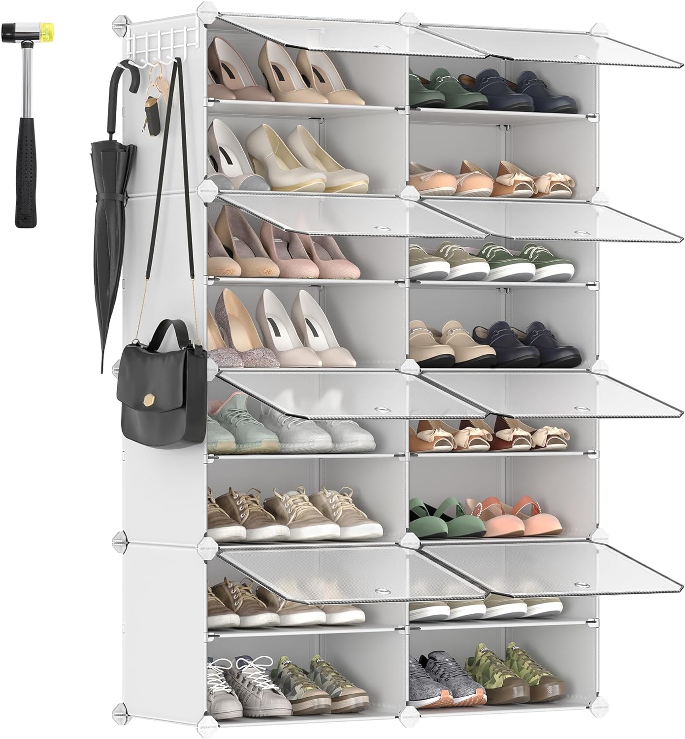 SONGMICS Shoe Rack, 8 Cubes Shoe Organizer with Doors, 32 Pair Plastic Shoe Storage Cabinet, for Bedroom, Entryway, Steel Frame, Plastic Panel, White ULPC034W01