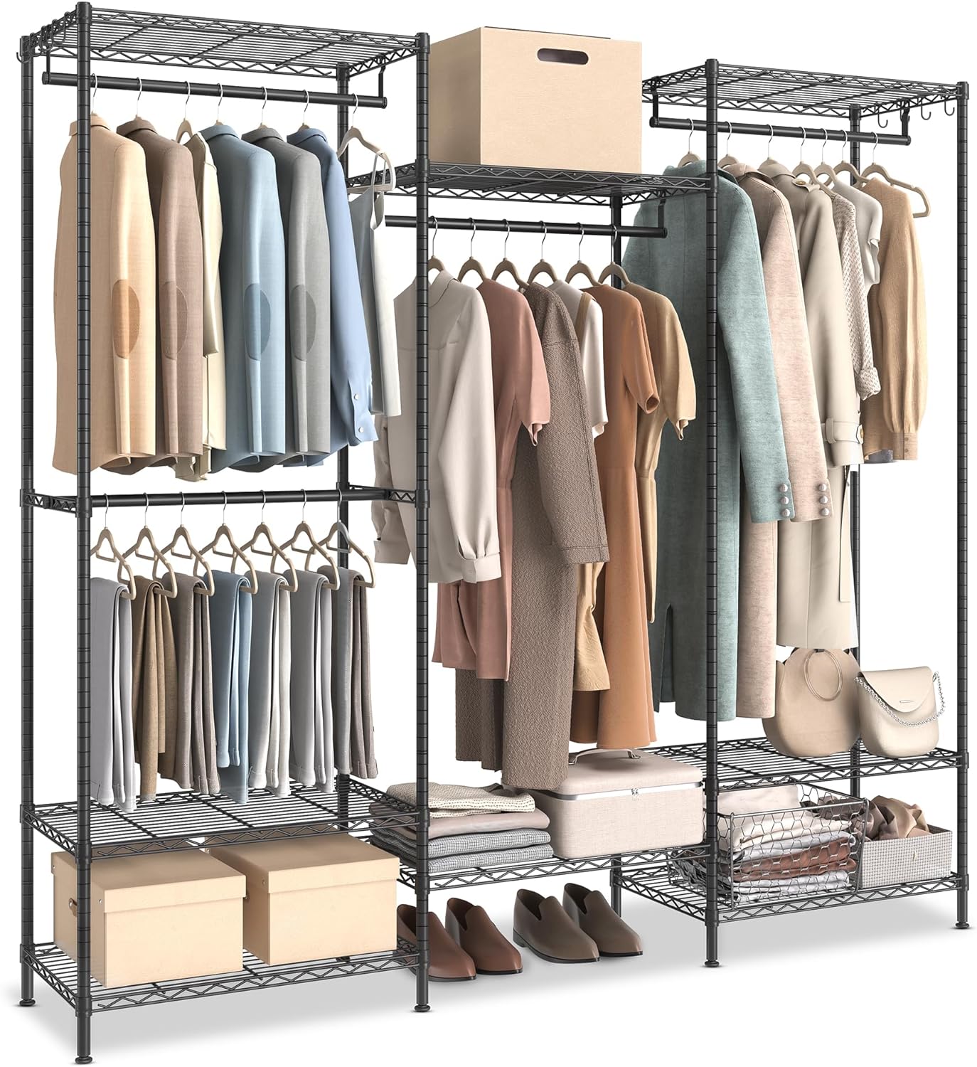 SONGMICS Clothing Rack, Heavy-Duty Garment Rack with Adjustable Storage Shelves and Hanging Rails, Hooks, Dividable, Freestanding Portable Wardrobe Closet Rack, Ink Black ULGR431B01