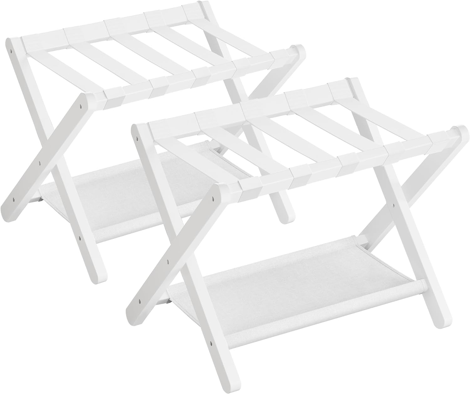 SONGMICS Bamboo Luggage Rack for Guest Room, Set of 2, Folding Suitcase Stand with Fabric Storage Shelf, for Hotel, Bedroom, Heavy-Duty, Holds up to 131 lb, Cloud White URLR007W02