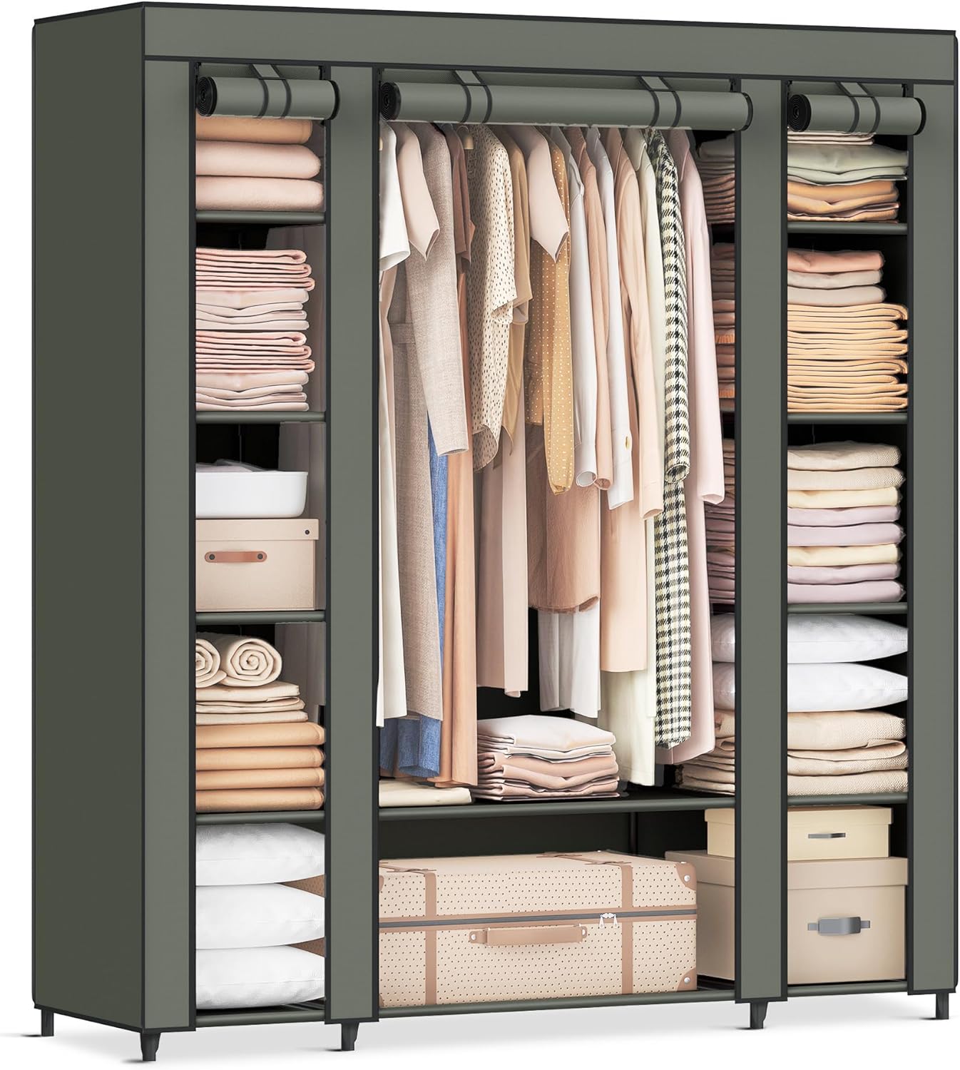 SONGMICS Closet Wardrobe, Portable Closet for Bedroom, Clothes Rail with Non-Woven Fabric Cover, Clothes Storage Organizer, 59 x 17.7 x 69 Inches, 12 Compartments, Sage Green ULSF003C02