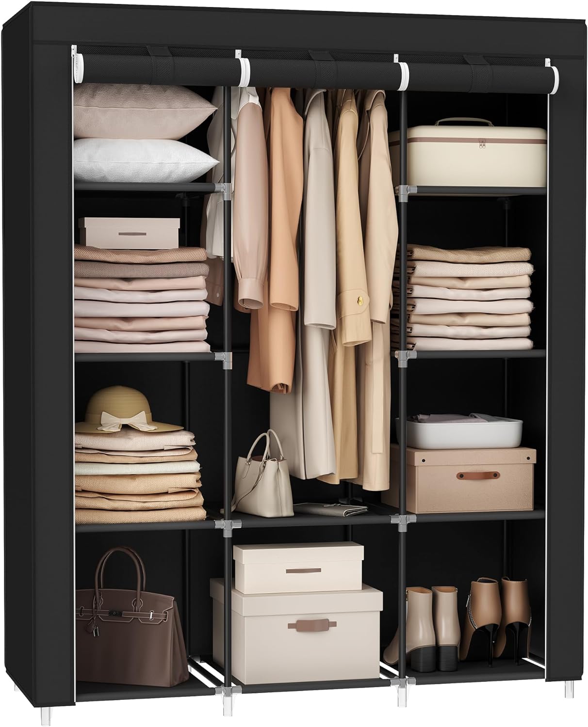 SONGMICS Portable Closet, Clothes Storage Organizer with 10 Shelves, 1 Clothes Hanging Rail, Non-Woven Fabric Closet, Metal Frame, 51 x 17.7 x 66.1 Inches, Black URYG93BK