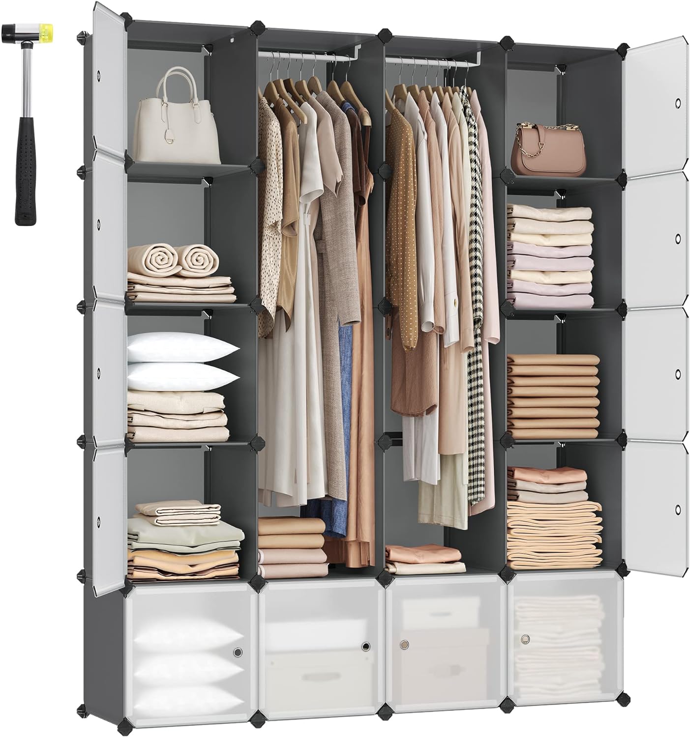 SONGMICS Cube Storage Organzier Portable Wardrobe Closet, 12 Cubes DIY Plastic Armoire Cabinet Modular Shelves Unit with Doors and Hanging Rods for Bedroom, Grey ULPC301G01