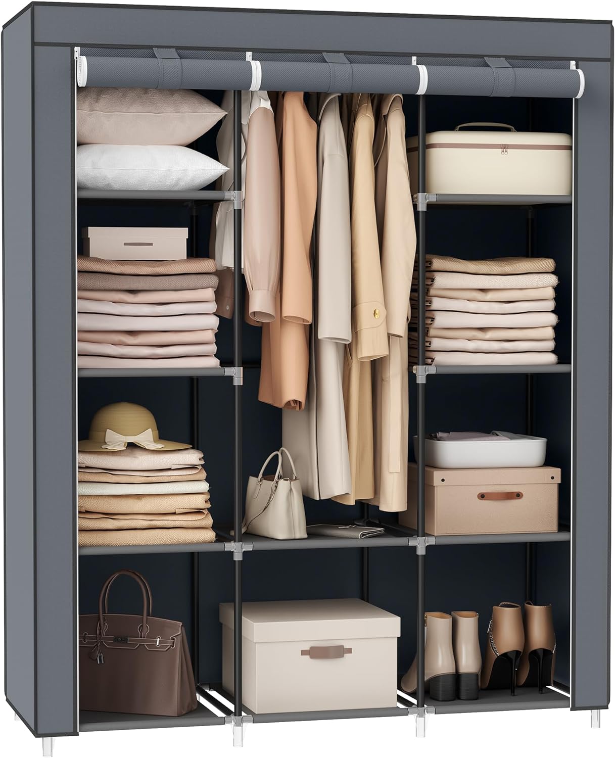 SONGMICS Portable Closet, Clothes Storage Organizer with 10 Shelves, 1 Clothes Hanging Rail, Non-Woven Fabric Closet, Metal Frame, 51 x 17.7 x 66.1 Inches, Grey URYG93G