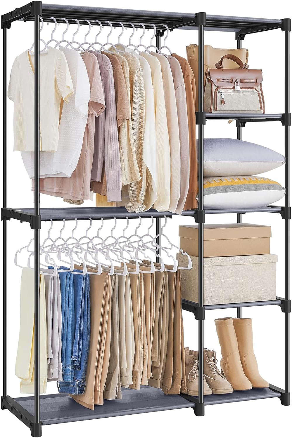 SONGMICS Portable Closet, Freestanding Closet Organizer, Clothes Rack with Shelves, Hanging Rods, Storage Organizer, for Cloakroom, Bedroom, 44.1 x 16.9 x 65 Inches, Gray URYG024G02