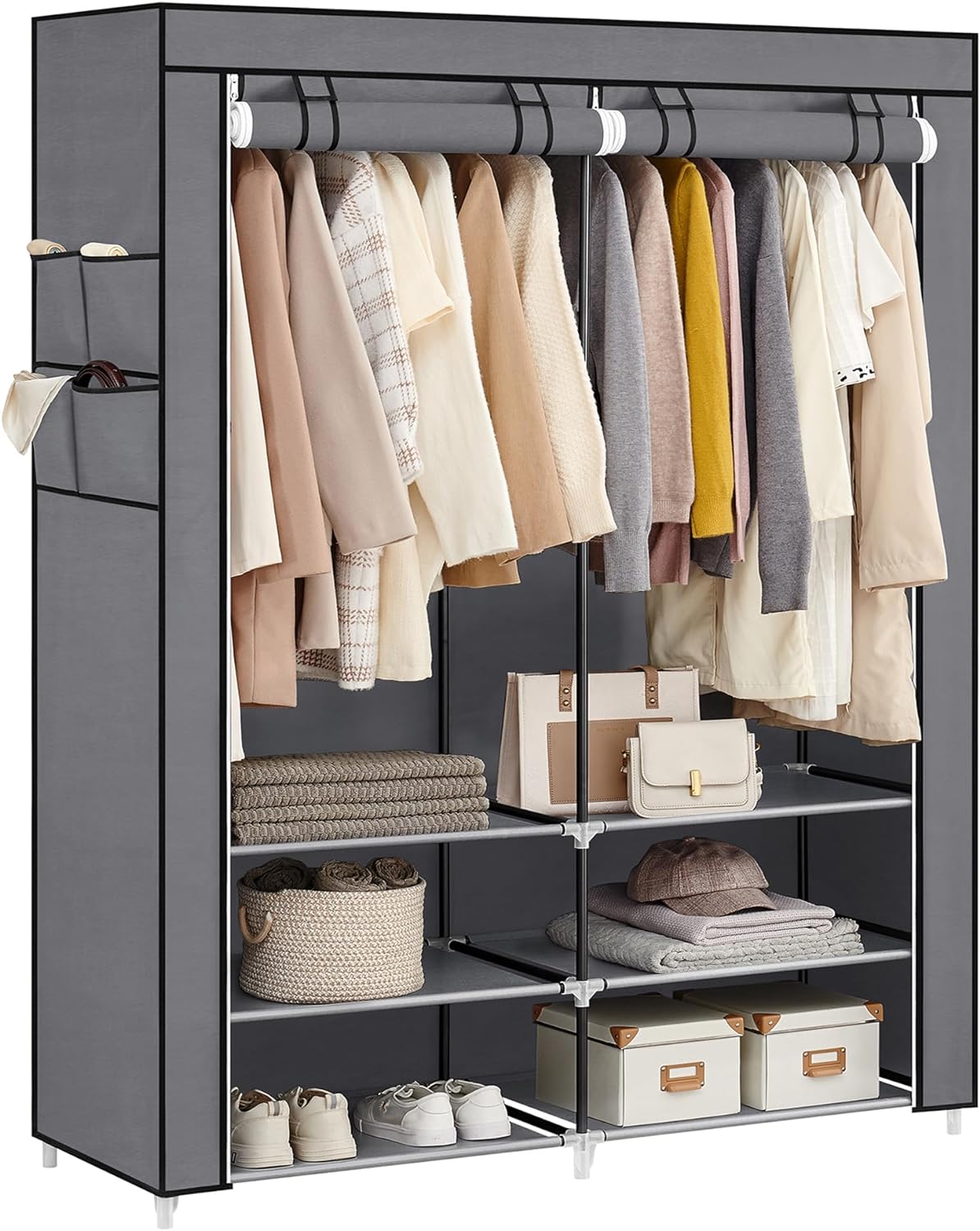 SONGMICS Portable Closet Wardrobe with Shoe Rack and Cover, Closet Storage Organizer, 2 Hanging Rods, Shelves, and 4 Side Pockets, 50 x 17.7 x 69.3 Inches, Spacious for Bedroom, Gray URYG008G02