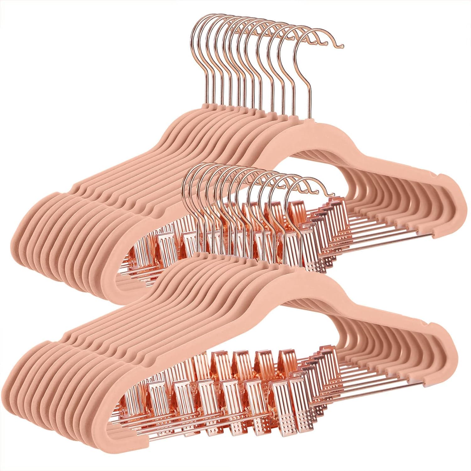 SONGMICS 24 Pack Pants Hangers, 16.7 Inch Coat Hangers with Rose Gold Colored Movable Clips, Heavy-Duty, Non-Slip, Space-Saving, for Pants, Skirts, Dresses, Light Pink UCRF14PK24