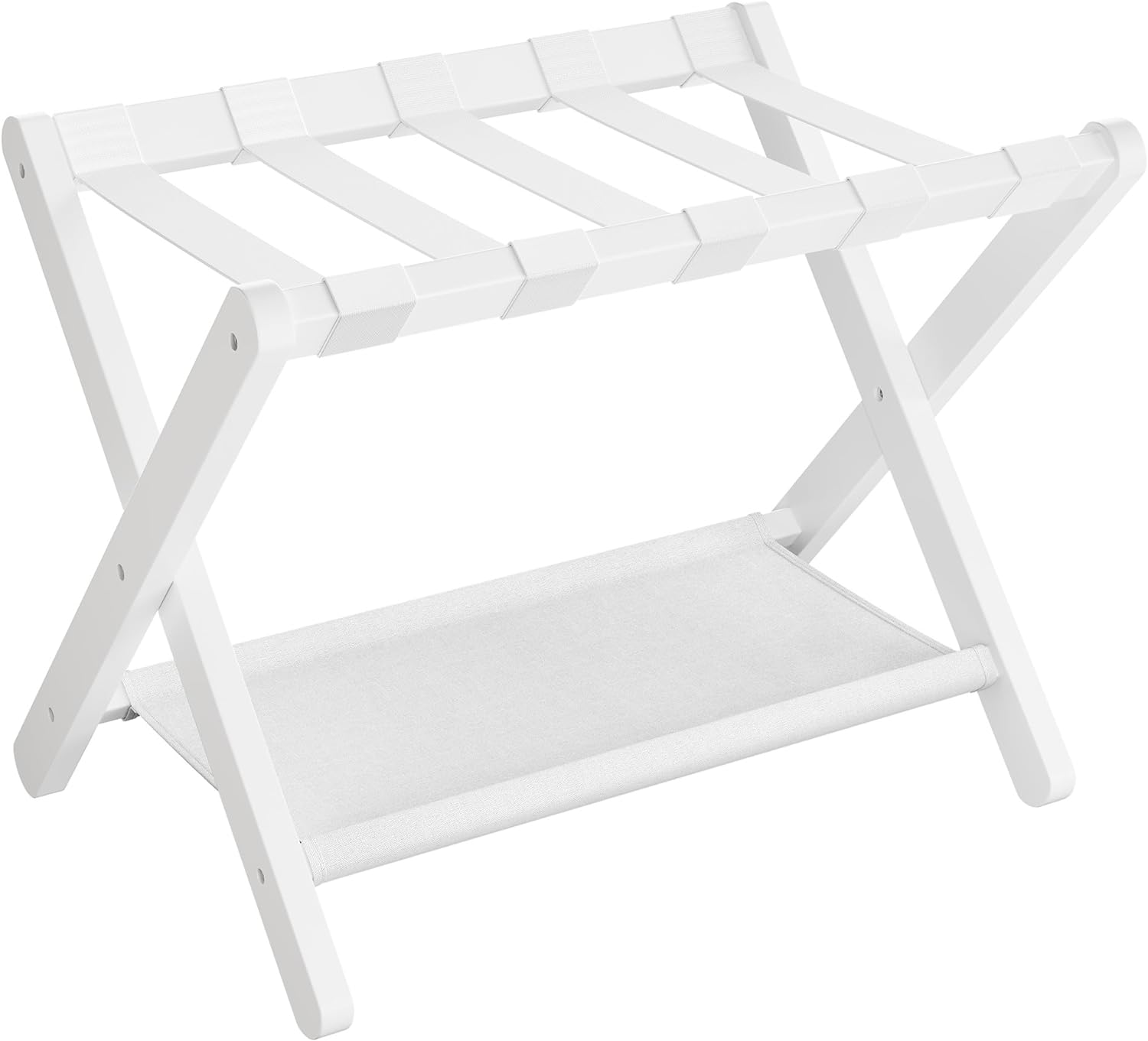 SONGMICS Bamboo Luggage Rack for Guest Room, Folding Suitcase Stand with Fabric Storage Shelf, for Hotel, Bedroom, Heavy-Duty, Holds up to 131 lb, Classic White URLR007W01