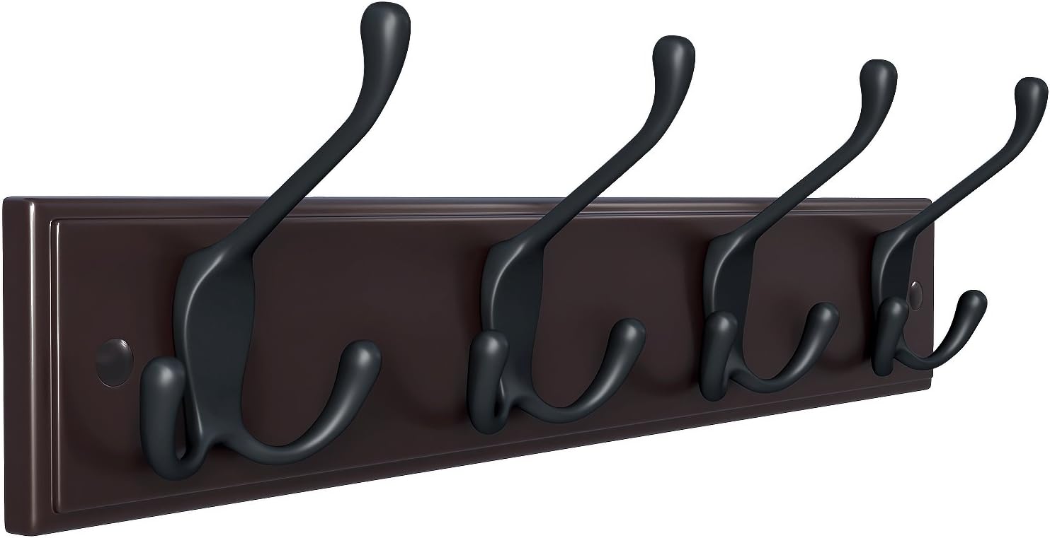 SONGMICS Wall Mounted Coat Rack, Hook Rack with 4 Tri-Hooks, for Clothes, Keys, Hats, Purses, in The Entryway, Bathroom, Closet Room, Dark Brown ULHR30Z