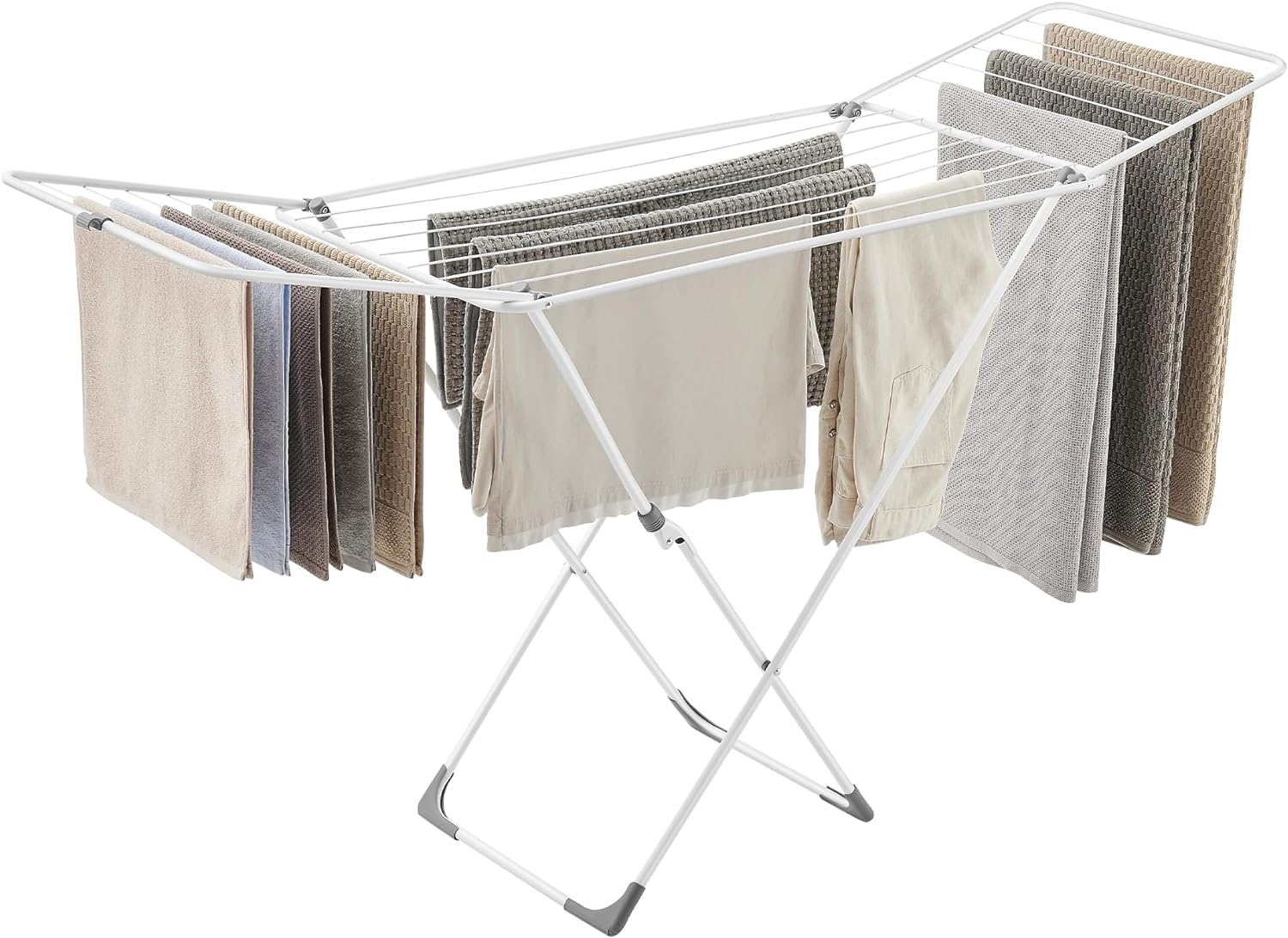 SONGMICS Clothes Drying Rack, Metal Laundry Drying Rack, Foldable, Space-Saving, Free-Standing Airer, with Gullwings, Indoor Outdoor Use, Bed Linen Clothing, White ULLR540W01