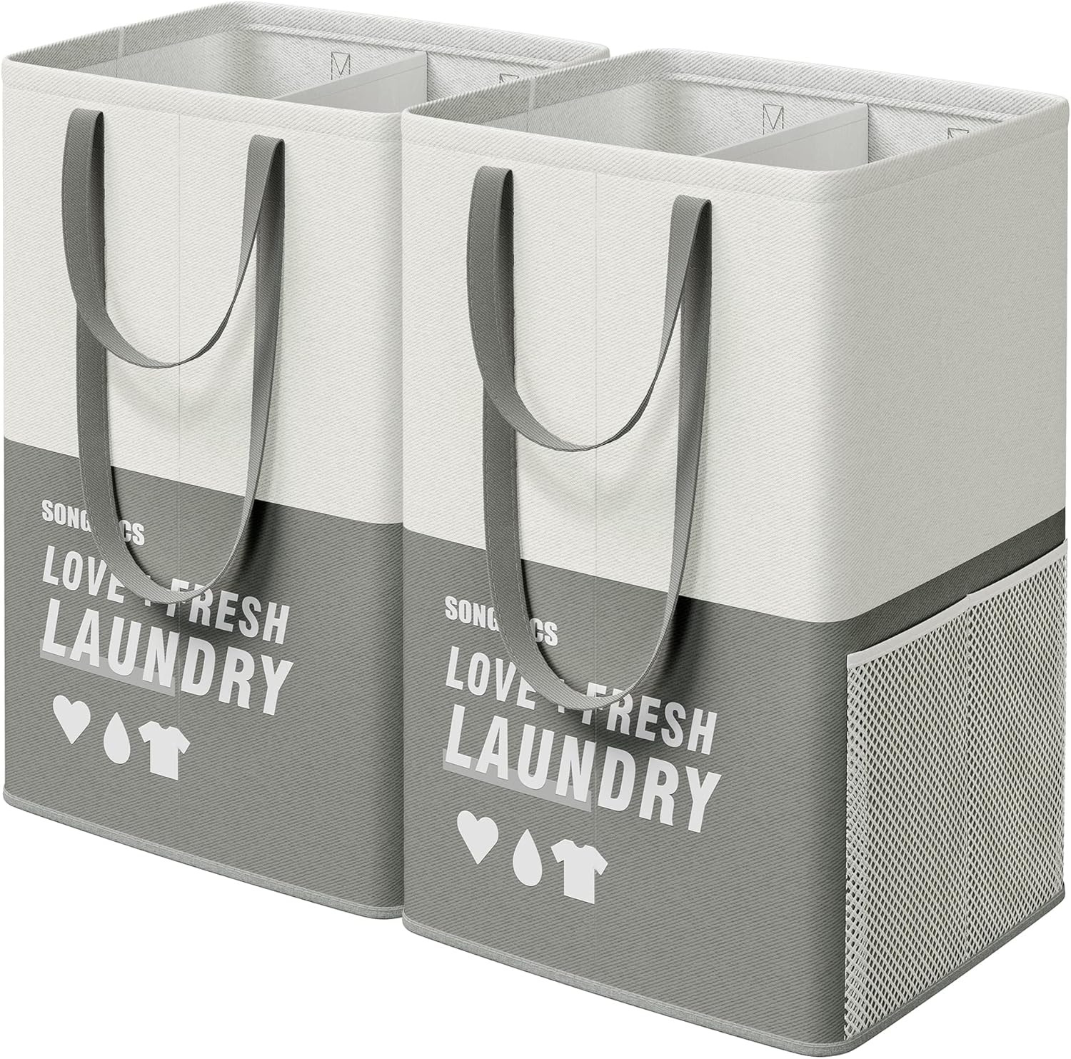 SONGMICS Laundry Baskets, Laundry Hamper with 2 Compartments, 23.8 Gallon (90L) Set of 2 Collapsible Water-Repellent Clothes Hampers, Tall Laundry Bag for Bedroom Bathroom, Dark Gray ULCB209G22