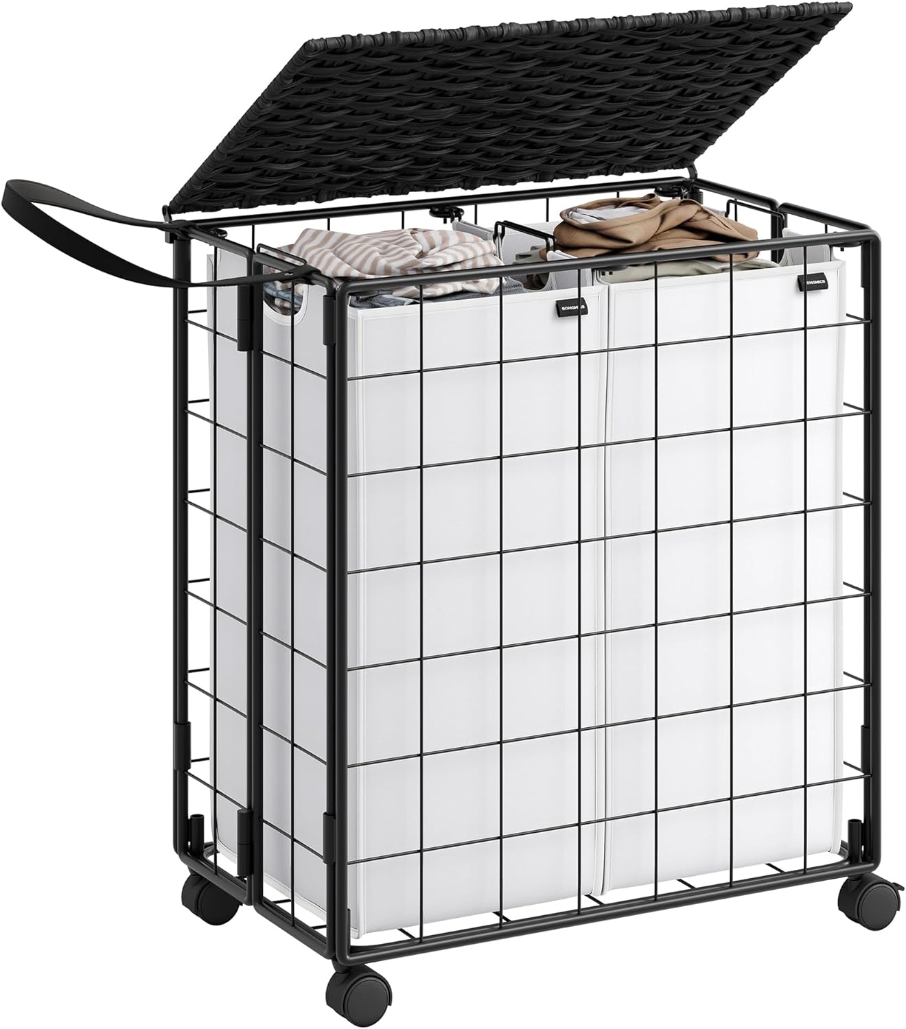 SONGMICS Laundry Hamper, 110L Laundry Basket with Wheels, Clothes Hamper 2 Section with Ratten Lid, Collapsible Removable Liner Bag, Iron-Made Laundry Sorter, Ink Black and Cloud White ULCB211B12