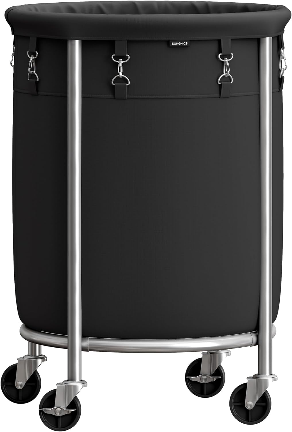 SONGMICS Laundry Basket with Wheels, Rolling Laundry Hamper, 29 Gal., Round Laundry Cart with Steel Frame and Removable Bag, 4 Casters and 2 Brakes, Black and Silver URLS002B01