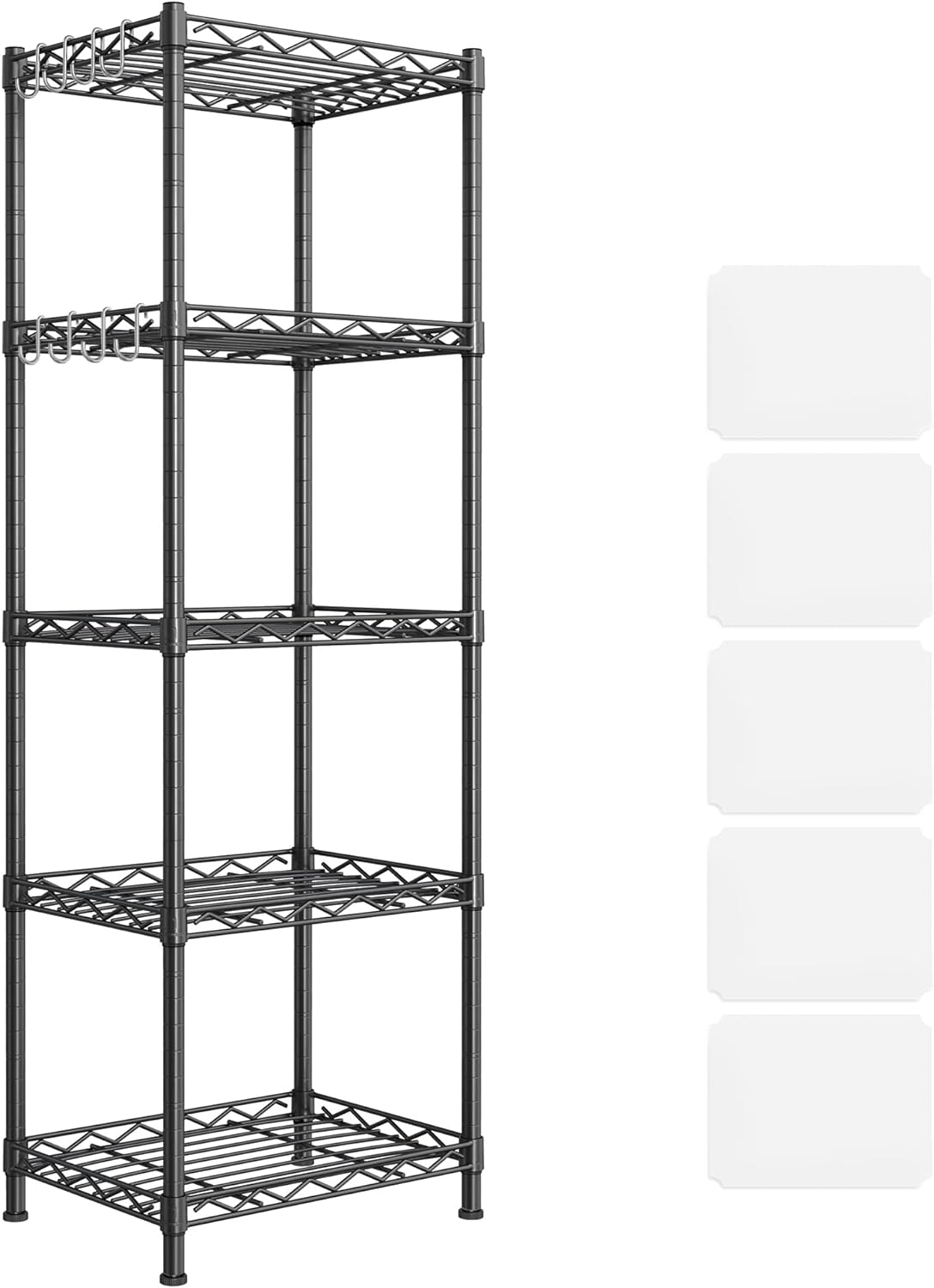 SONGMICS Kitchen Metal Shelves, 5-Tier Wire Shelving Unit with 8 Hooks, Narrow Storage Rack with PP Shelf Liners, Height-Adjustable, for Bathroom, Pantry, Black ULGR115B01