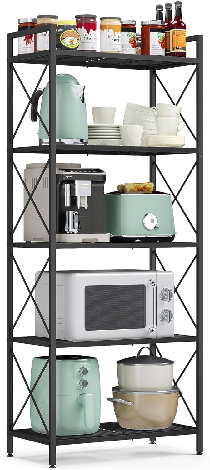 SONGMICS 5-Tier Metal Storage Shelf, Shelving Unit with X Side Frames, Dense Mesh, for Entryway, Kitchen, Living Room, Bathroom, Industrial Style, Black UBSC165B01