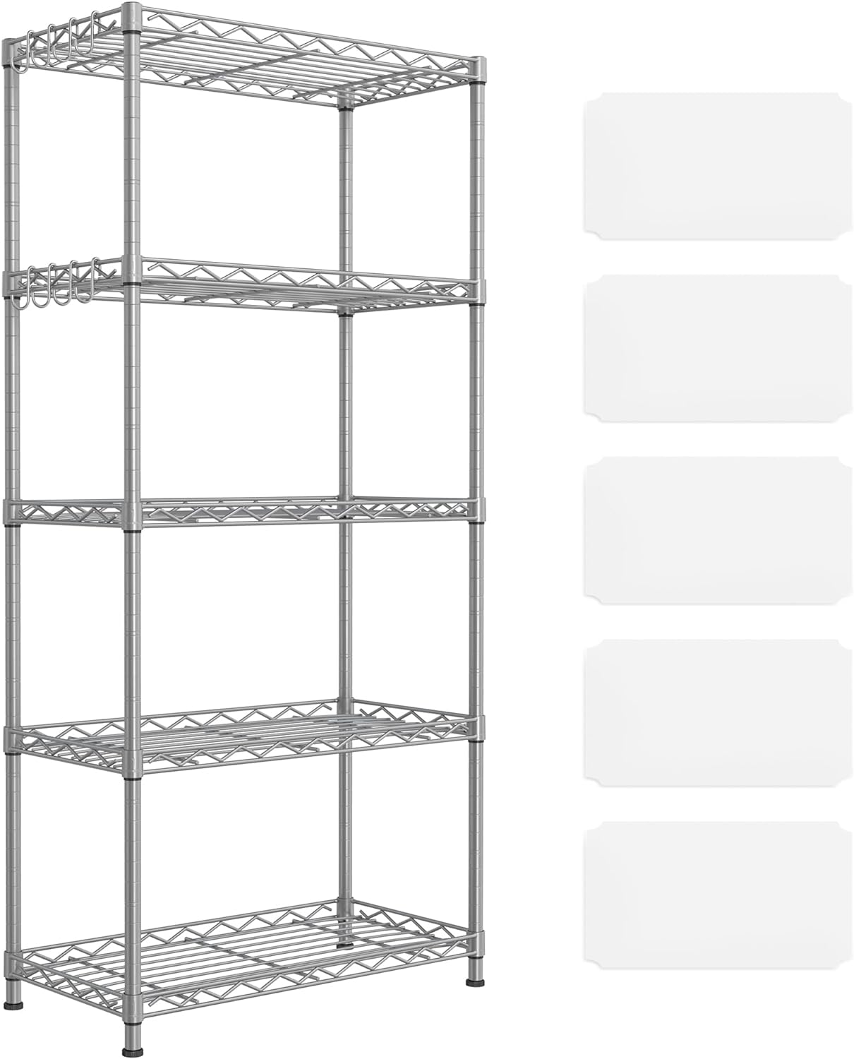 SONGMICS Kitchen Shelf, Metal Shelves, 5-Tier Wire Shelving Unit with 8 Hooks, Narrow Storage Rack with PP Shelf Liners, Height-Adjustable, for Bathroom, Pantry, Silver ULGR065E01