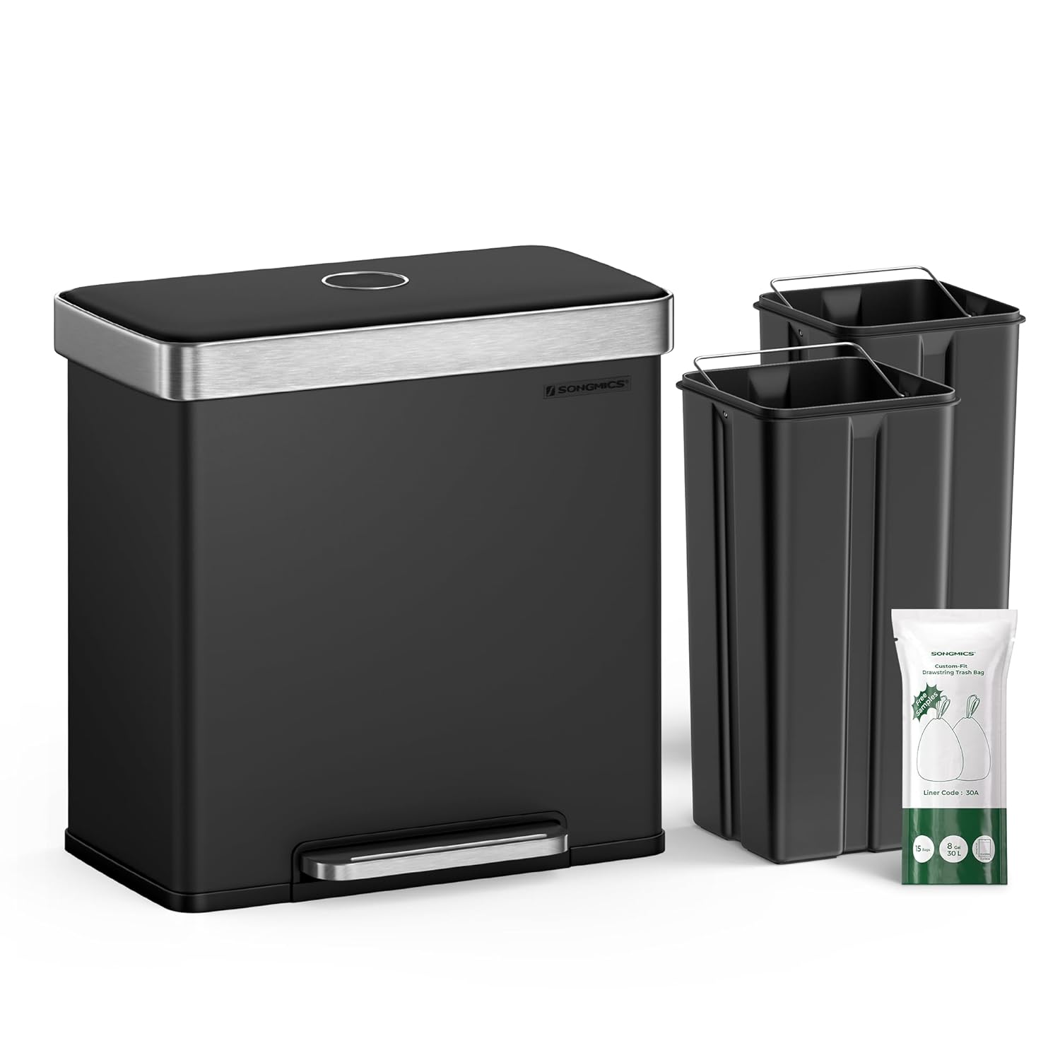 SONGMICS Kitchen Trash Can, 16 Gallon (2 x 8 Gallon) Dual Compartment Garbage Can, 60L Pedal Recycling Bin, Stay-Open Lid and Soft Closure, Stainless Steel, 15 Trash Bags Included, Black ULTB202B01